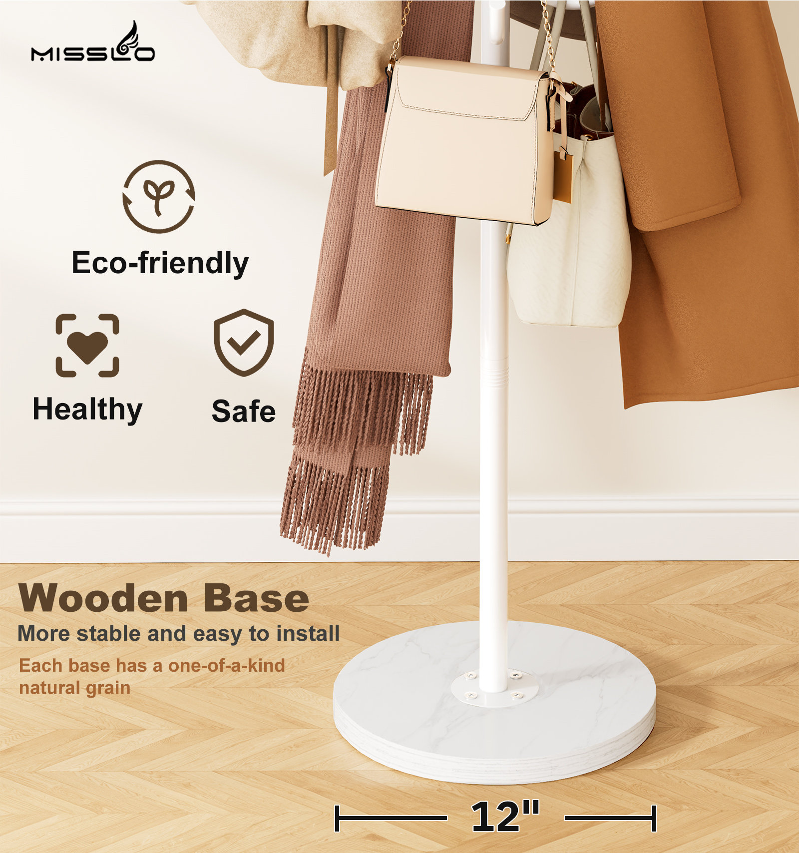 MISSLO Heavy Duty Coat Rack Freestanding with Stable Wood Base Modern Coat Tree with 12 Hooks Adjustable Coats Hanger Stand Stylish Standing Clothes Tree for Entryway Bedroom Corner Hall (White) - Image 4