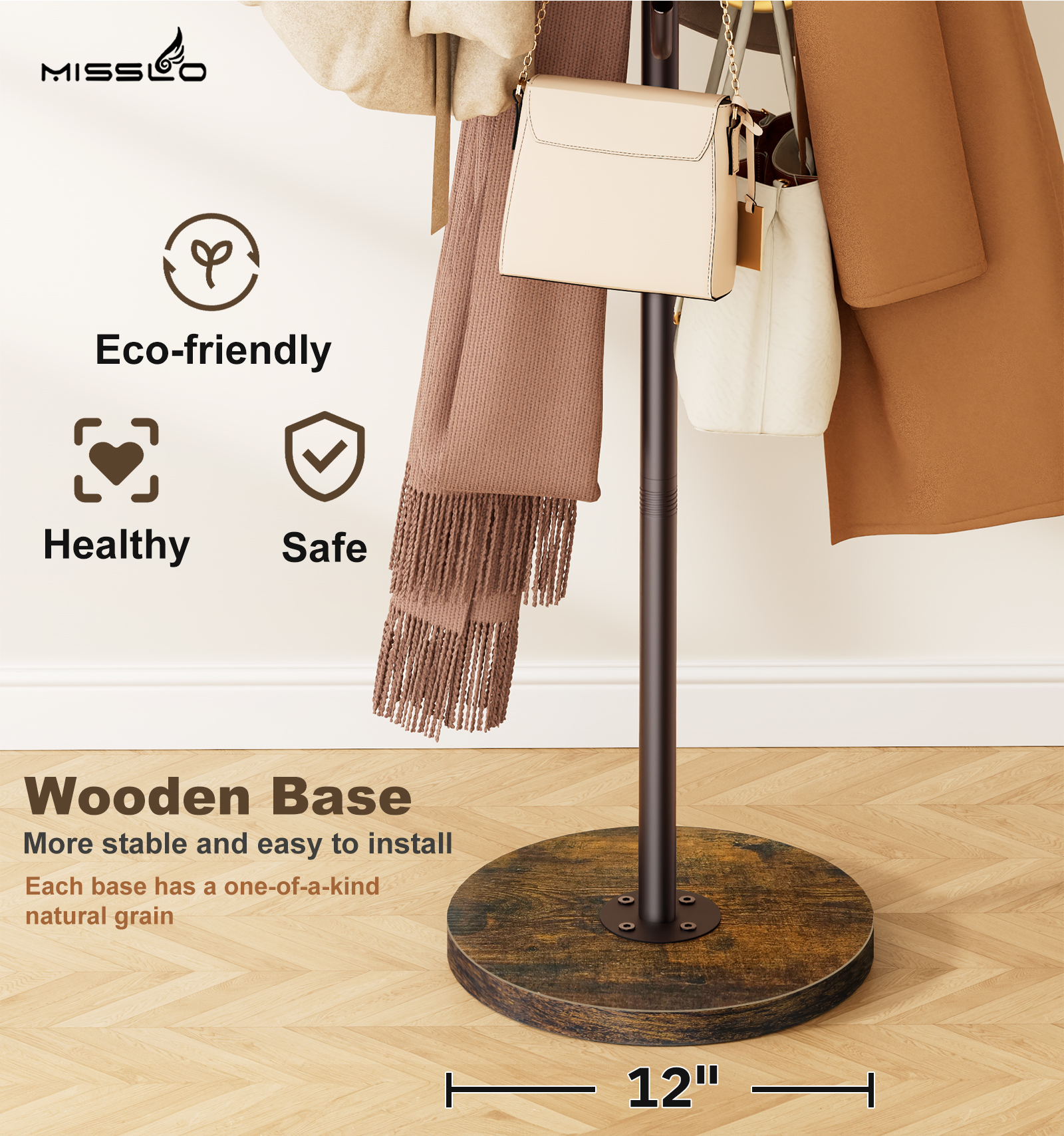 MISSLO Heavy Duty Coat Rack Freestanding with Stable Wood Base Modern Coat Tree with 12 Hooks Adjustable Coats Hanger Stand Stylish Standing Clothes Tree for Entryway Bedroom Corner Hall (Brown) - Image 4