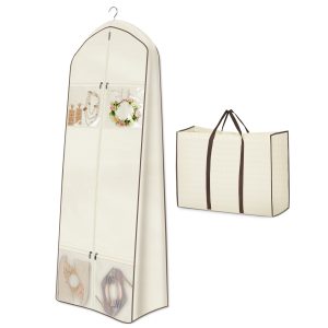 MISSLO Portable 70" Wedding Dress Garment Bag with Bride Tote Bag 8'' Gusseted Dress Bags for Gowns Long 4 Pockets Dress Cover for Women, Beige