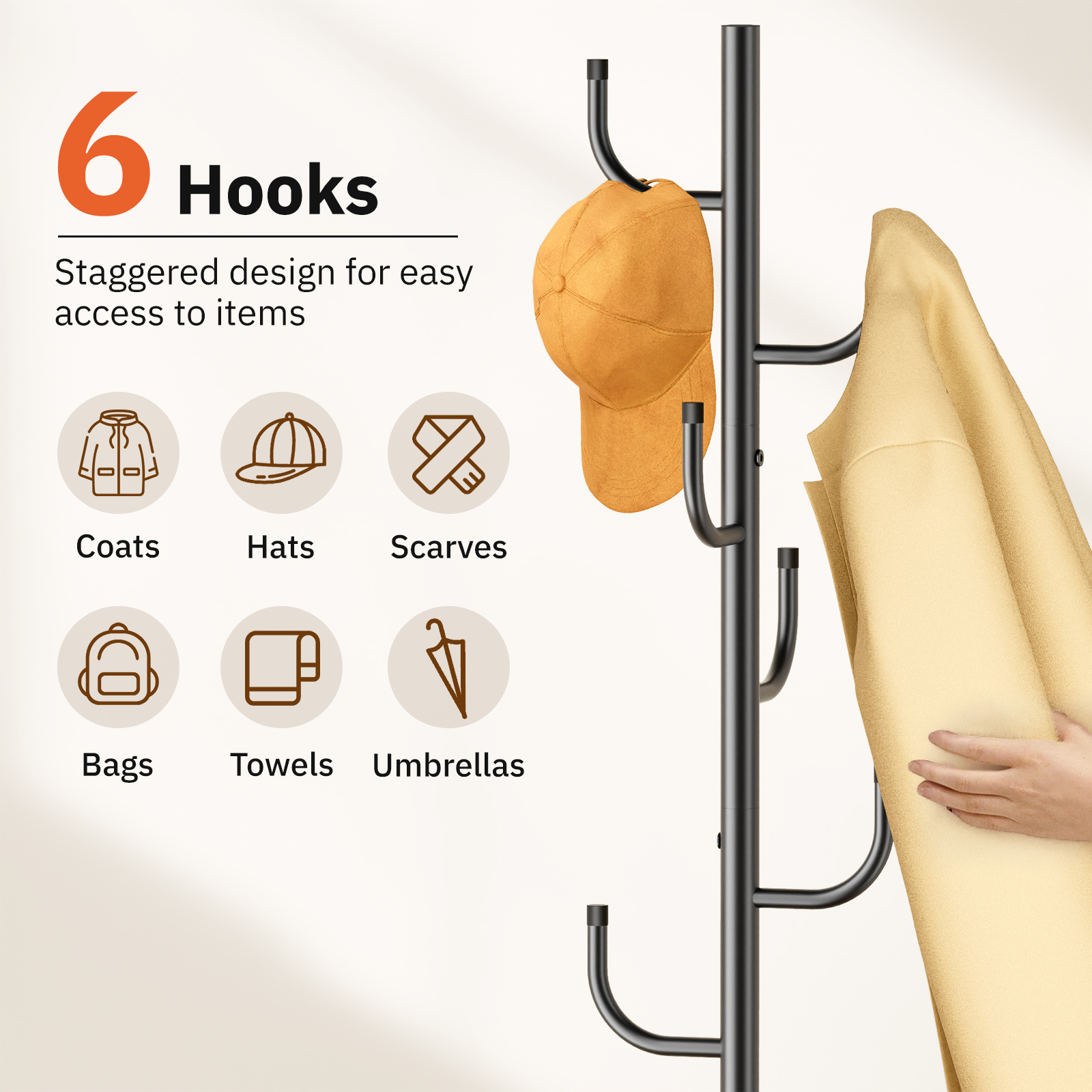 MISSLO Heavy Duty Coat Rack Freestanding with Stable Wood Base Metal Coat Tree Adjustable Coats Hanger Stand with 6 Hooks Clothes Tree for Jackets, Hats, Bags Standing Purse Rack for Bedroom, Office - Image 5