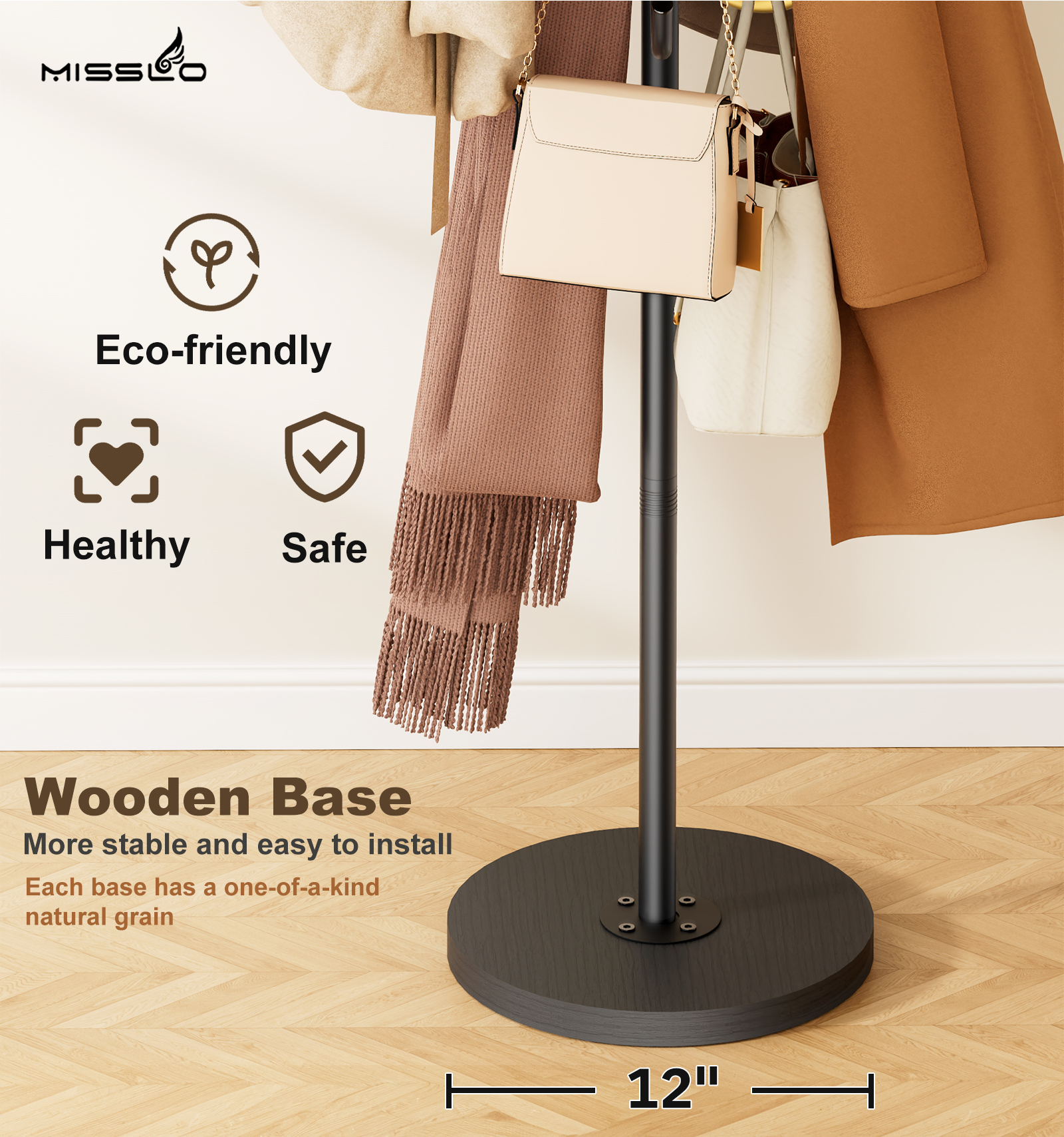MISSLO Heavy Duty Coat Rack Freestanding with Stable Wood Base Modern Coat Tree with 12 Hooks Adjustable Coats Hanger Stand Stylish Standing Clothes Tree for Entryway Bedroom Corner Hall (Black) - Image 3