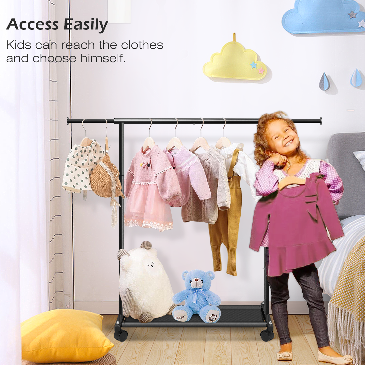 MISSLO Short Clothing Racks for Hanging Clothes with Bottom Shelves and Wheels Heavy Duty Rolling Clothes Rack Kids Clothing Rack for Adult Coat, Closet, Wardrobe (Black) - Image 4