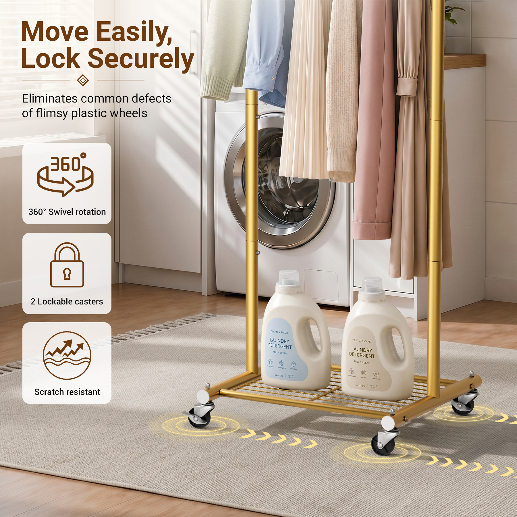 MISSLO 18" Small Clothes Racks for Hanging Clothes Arched Shape Gold Clothing Rack with Wheels 70.6" Metal Rolling Garment Rack with Shelves for Small Space, Bedroom, Laundry, Gold - Image 5