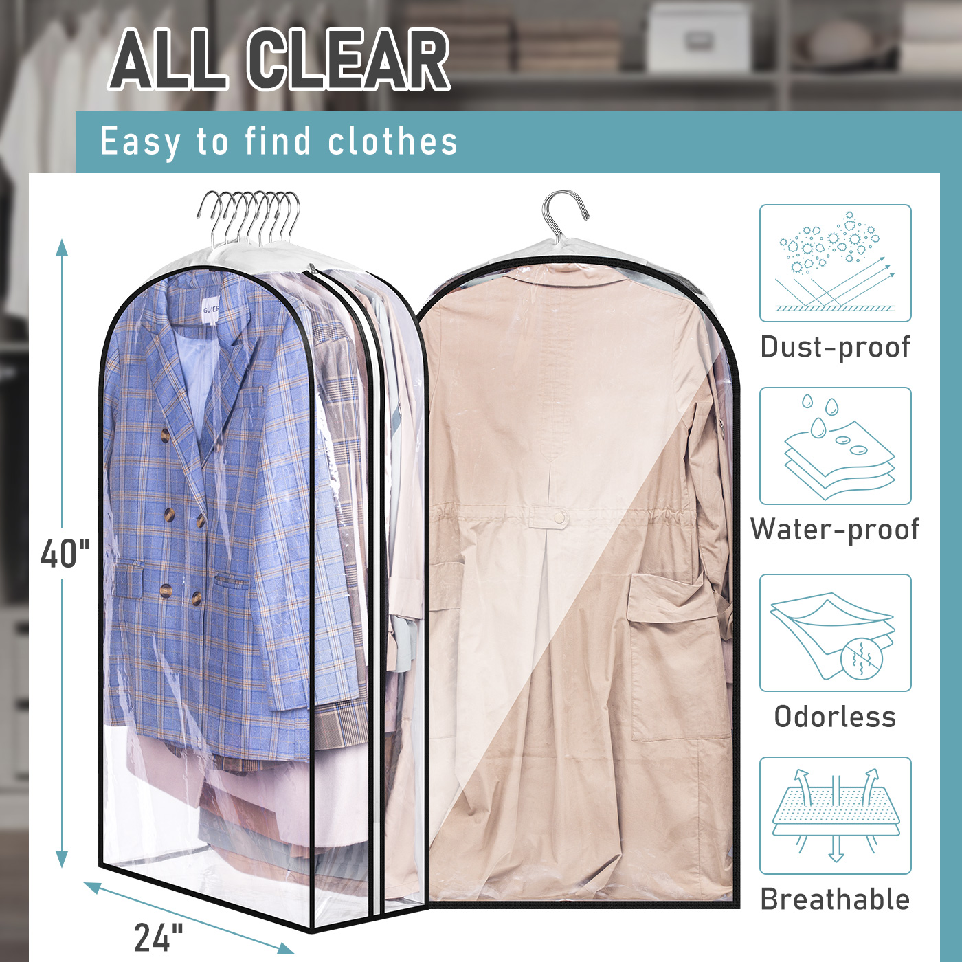 MISSLO 10" Gusseted All Clear Garment Bags for Hanging Clothes 40"+50" Suit Bags for Closet Storage Dresses Protectors for Shirts, Coats, Gowns, 3 Packs - Image 5