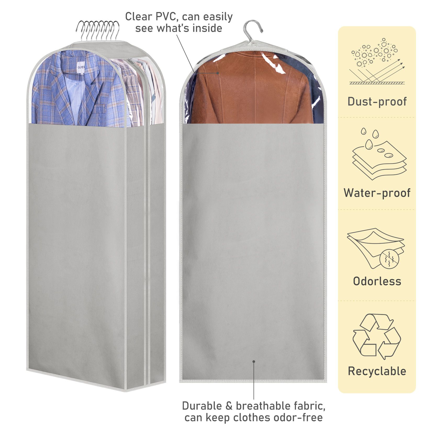 MISSLO 10" Gusseted Garment Bags for Hanging Clothes 40"+50" Clear Suit Bags for Closet Storage Dress Bag for Gowns Long Coat Protector, 3 Packs, Grey - Image 5
