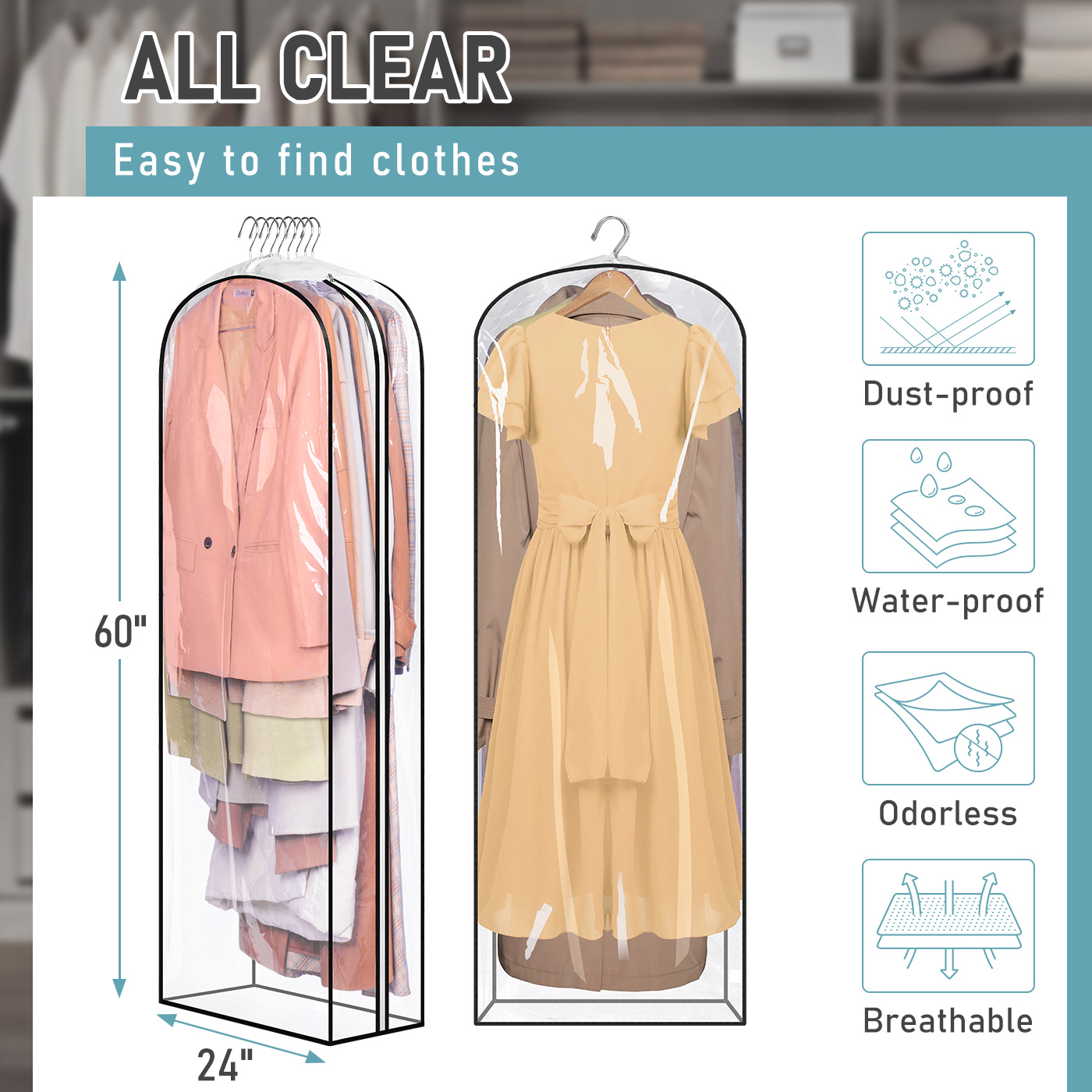MISSLO 10" Gusseted All Clear Garment Bags for Hanging Clothes 60" Dress Bags for Gowns Long Fur Coat Closet Storage Covers, 3 Packs - Image 5