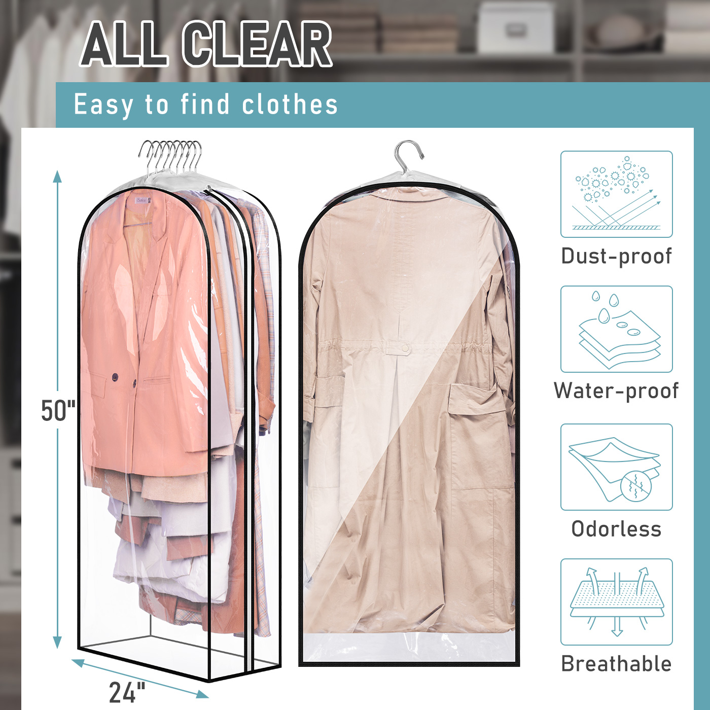 MISSLO 10" Gusseted All Clear Garment Bags for Hanging Clothes 50" Dress Bags for Closet Storage Coat Protectors for Suits, Gowns, 3 Packs - Image 5
