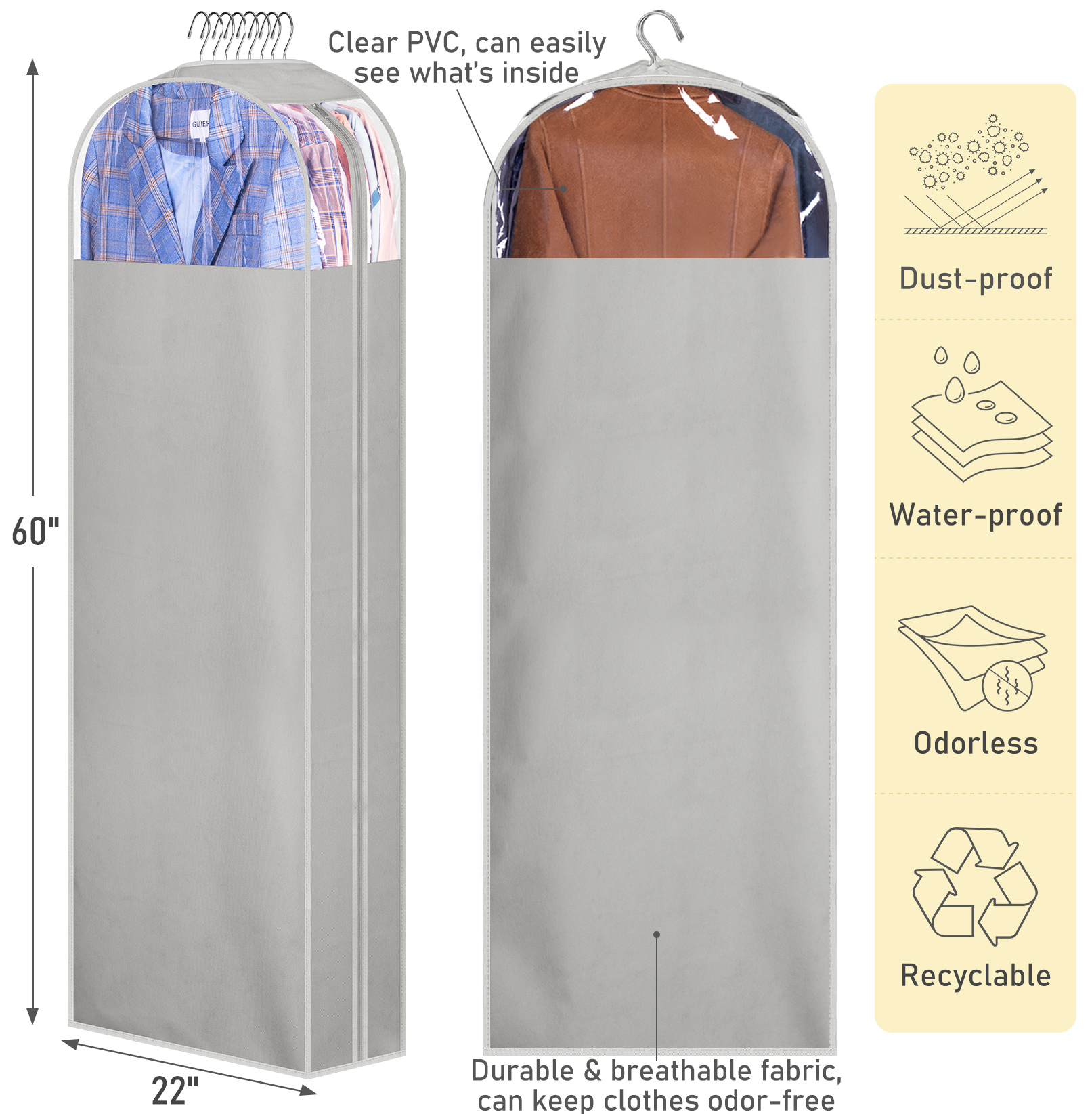 MISSLO 10" Gusseted Garment Bags for Hanging Clothes Storage 60" Dress Bags for Gowns Long Breathable Dress Cover for Closet Storage Coat Protector, 3 Packs, Grey - Image 5