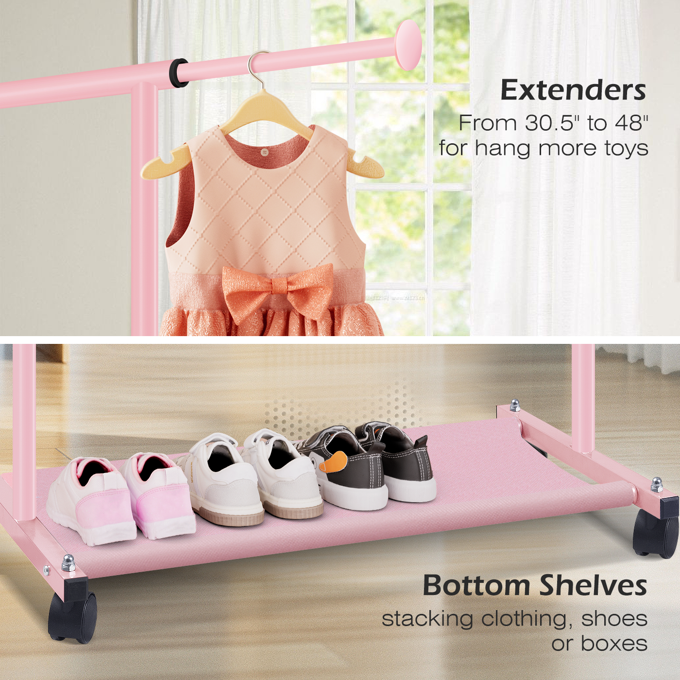 MISSLO Small Garment Racks for Hanging Clothes Rack Mini Kids Clothing Rack Rolling Dress up Storage for Toddler, Baby, Little Girl, Children, Adult(Pink) - Image 5