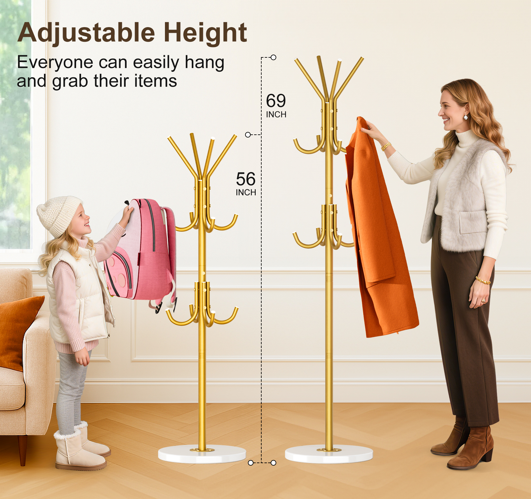 MISSLO Heavy Duty Coat Rack Freestanding with Stable Wood Base Modern Coat Tree with 12 Hooks Adjustable Coats Hanger Stand Stylish Standing Clothes Tree for Entryway Bedroom Corner Hall (Brown) - Image 5