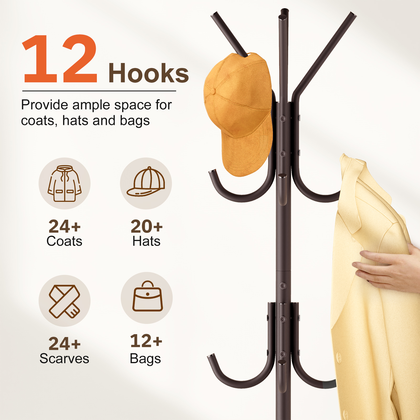 MISSLO Heavy Duty Coat Rack Freestanding with Stable Wood Base Modern Coat Tree with 12 Hooks Adjustable Coats Hanger Stand Stylish Standing Clothes Tree for Entryway Bedroom Corner Hall (Brown) - Image 6
