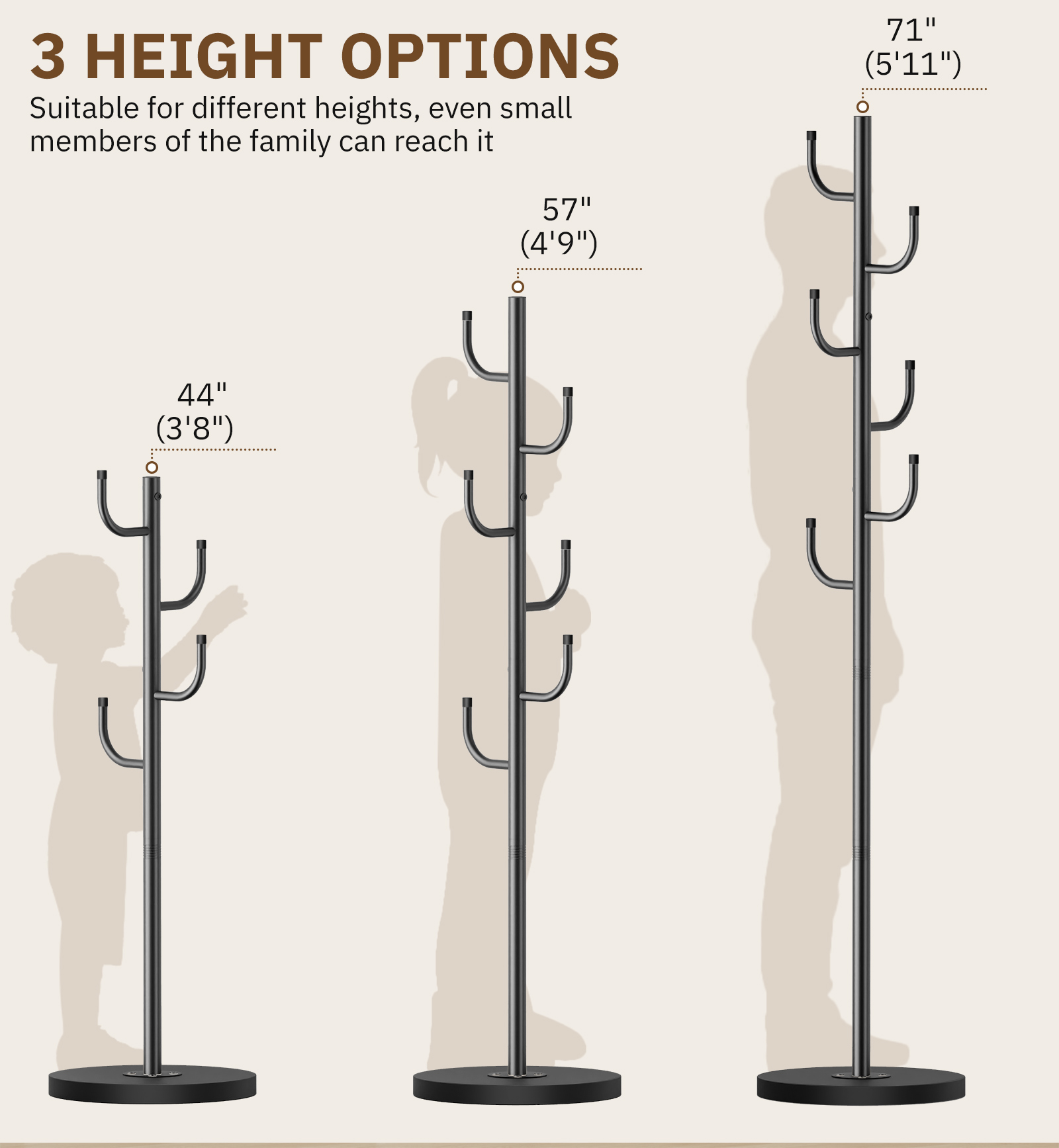 MISSLO Heavy Duty Coat Rack Freestanding with Stable Wood Base Metal Coat Tree Adjustable Coats Hanger Stand with 6 Hooks Clothes Tree for Jackets, Hats, Bags Standing Purse Rack for Bedroom, Office - Image 6