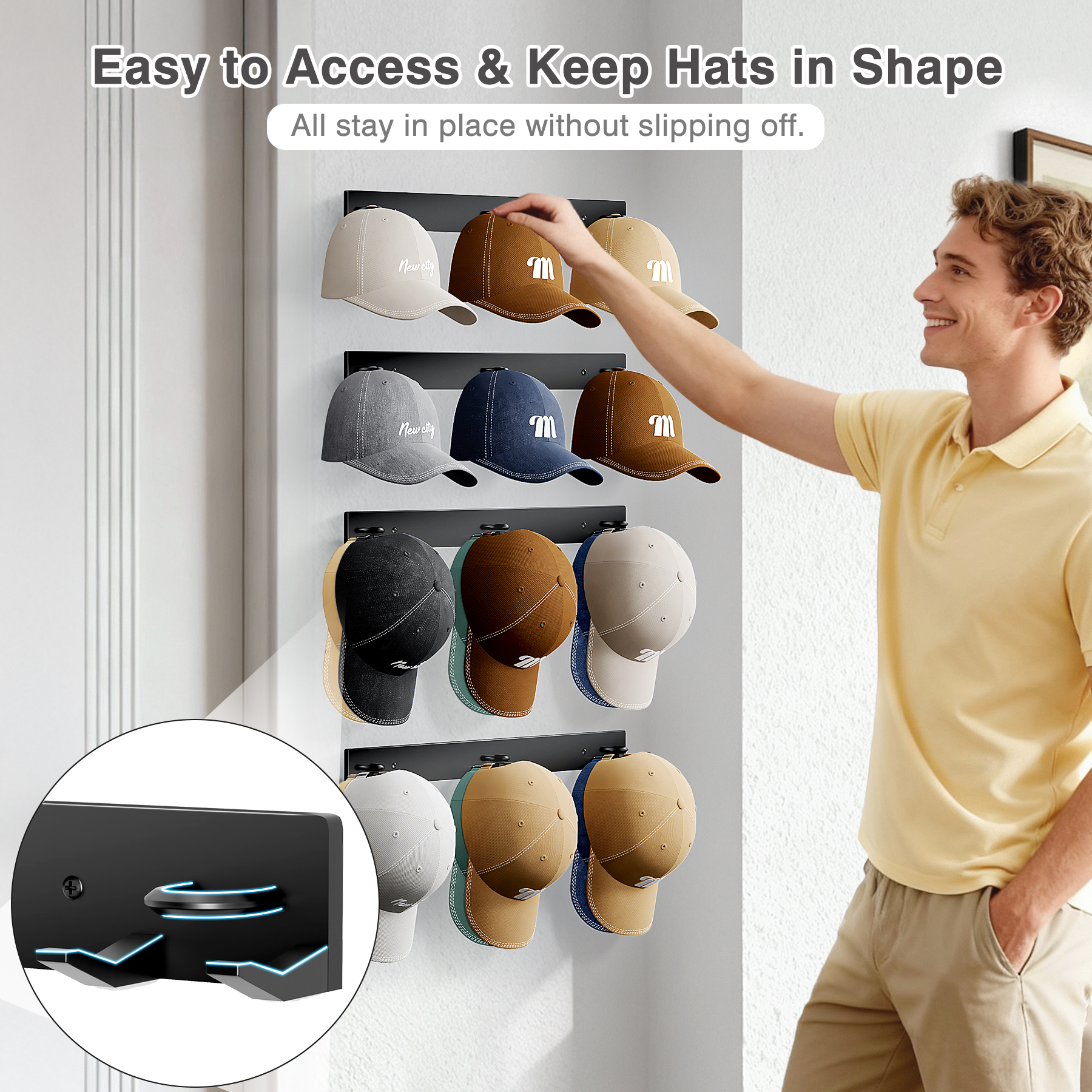 MISSLO Hat Rack for Wall with 2-way Display Hat Hooks for Wall Hanger 4 Pack Holds 24 Baseball Cap Holder Organizer for Closet, Wall Mounted, Bedroom Storage - Image 5