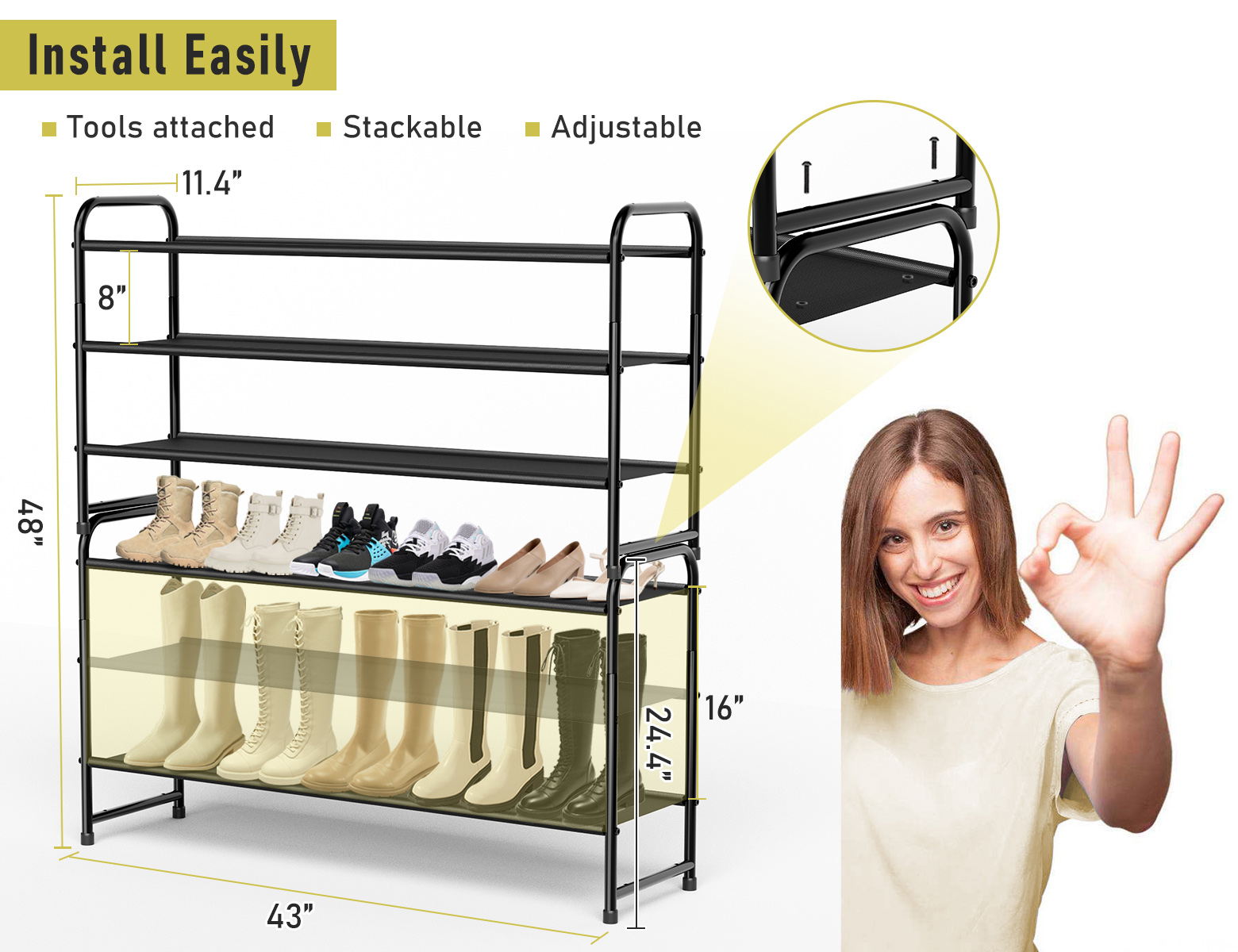 MISSLO 3-Tier Long Shoe Rack for Closet Shoe Organizer for Closet Floor Entryway Storage Stackable Wide Shoe Shelf Stores 24 Pairs of Men Sneakers, Black - Image 5