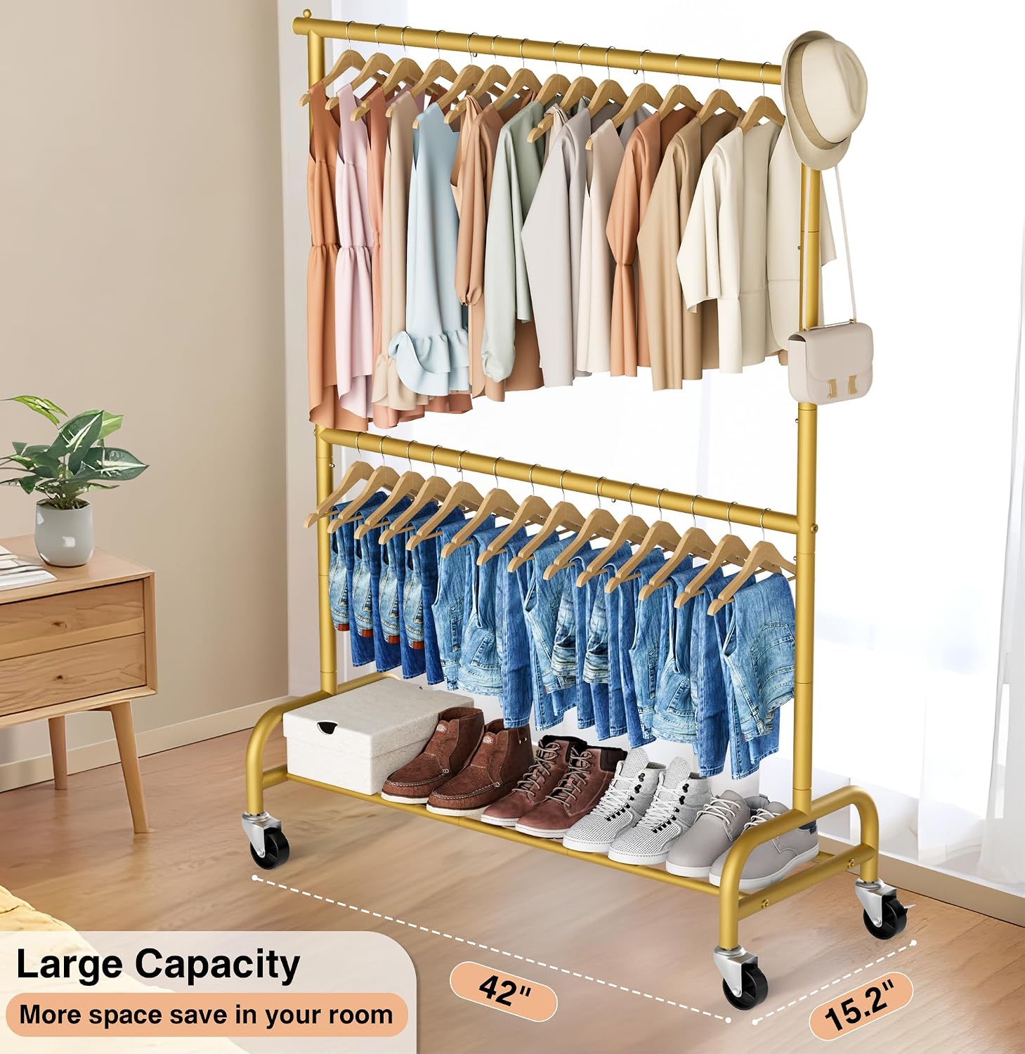 MISSLO Gold Clothing Racks for Hanging Clothes Heavy Duty Clothes Rack Double Garment Rack Metal Rolling Coat Rack Closet Wardrobe Rack on Wheels - Image 5