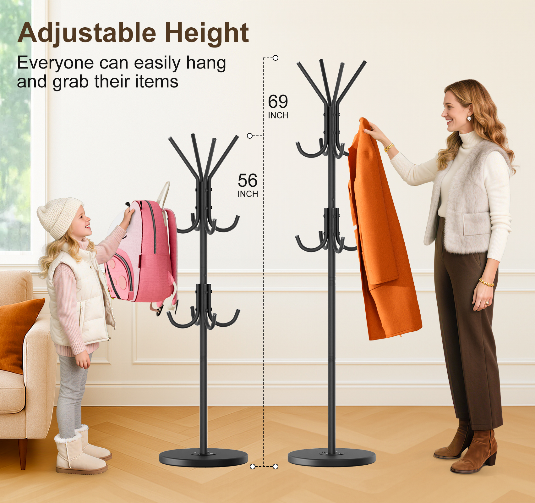 MISSLO Heavy Duty Coat Rack Freestanding with Stable Wood Base Modern Coat Tree with 12 Hooks Adjustable Coats Hanger Stand Stylish Standing Clothes Tree for Entryway Bedroom Corner Hall (Black) - Image 6