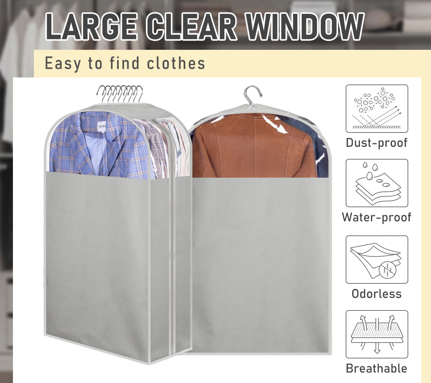 MISSLO 10" Gusseted Garment Bags for Hanging Clothes 32" Suit Bags for Closet Storage Clothing Covers for Shirts, Coats, 3 Packs, Grey - Image 5