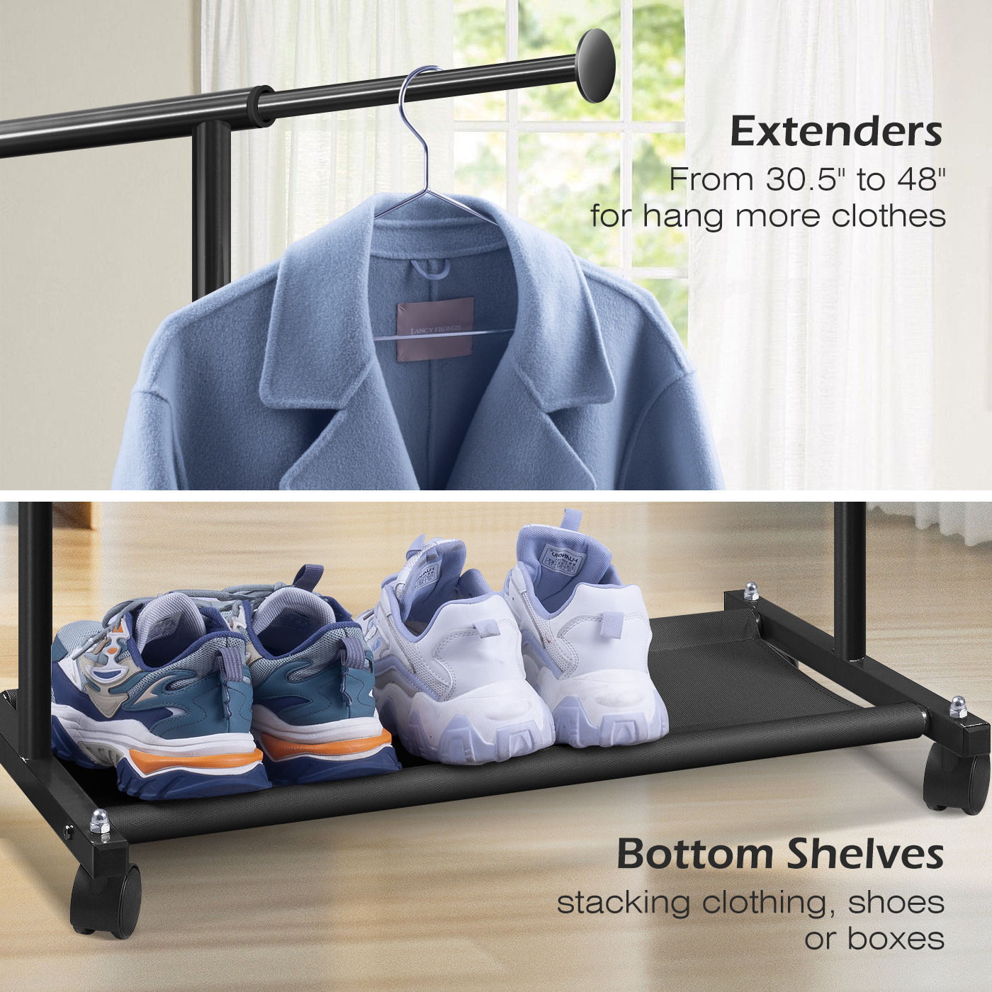 MISSLO Short Clothing Racks for Hanging Clothes with Bottom Shelves and Wheels Heavy Duty Rolling Clothes Rack Kids Clothing Rack for Adult Coat, Closet, Wardrobe (Black) - Image 5