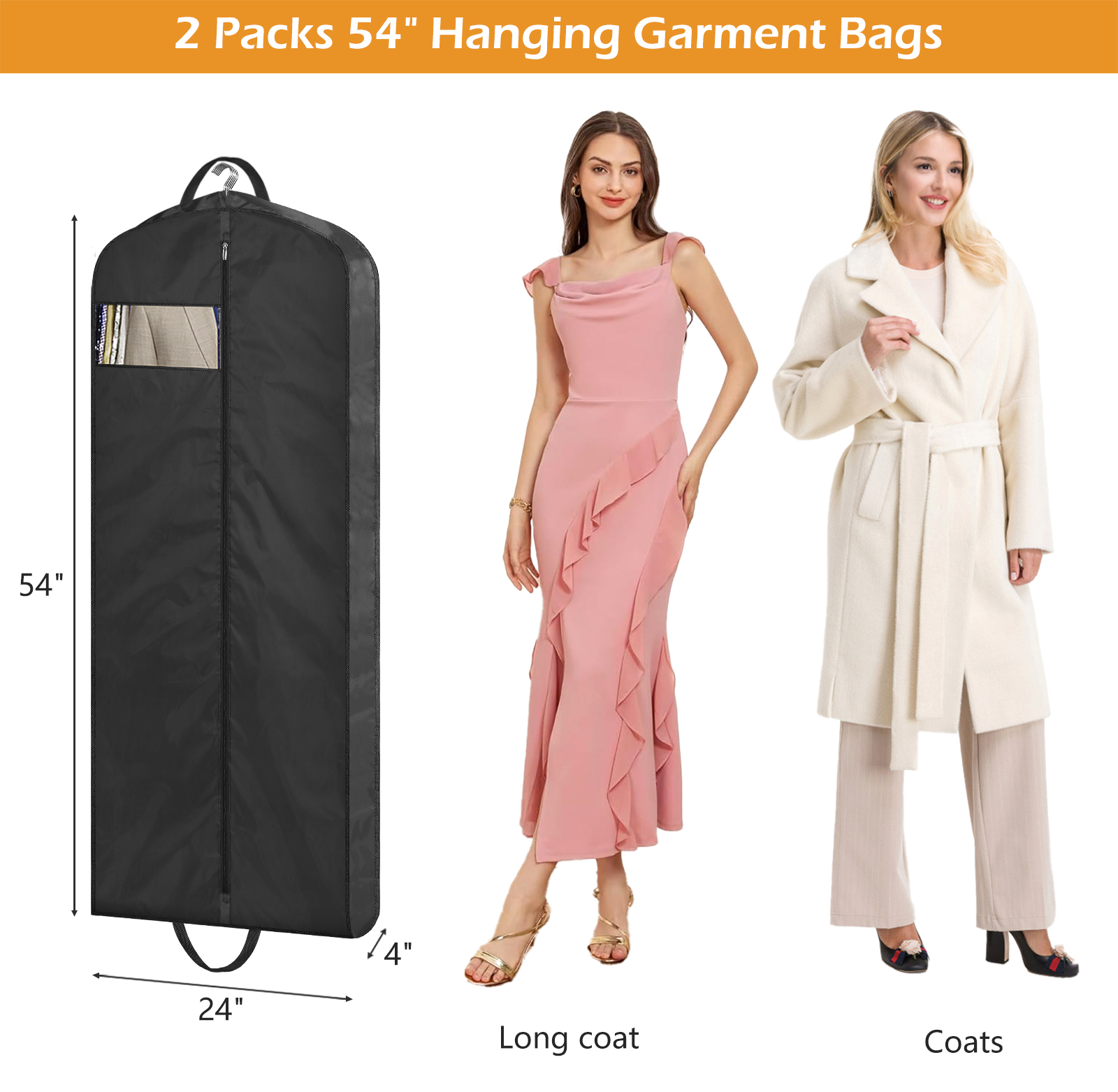 MISSLO 54" Garment Bags for Travel for Women Waterproof Dress Bags for Gowns Long Dress Cover for Gowns, Coats, Suits, Black, 2 Packs - Image 3