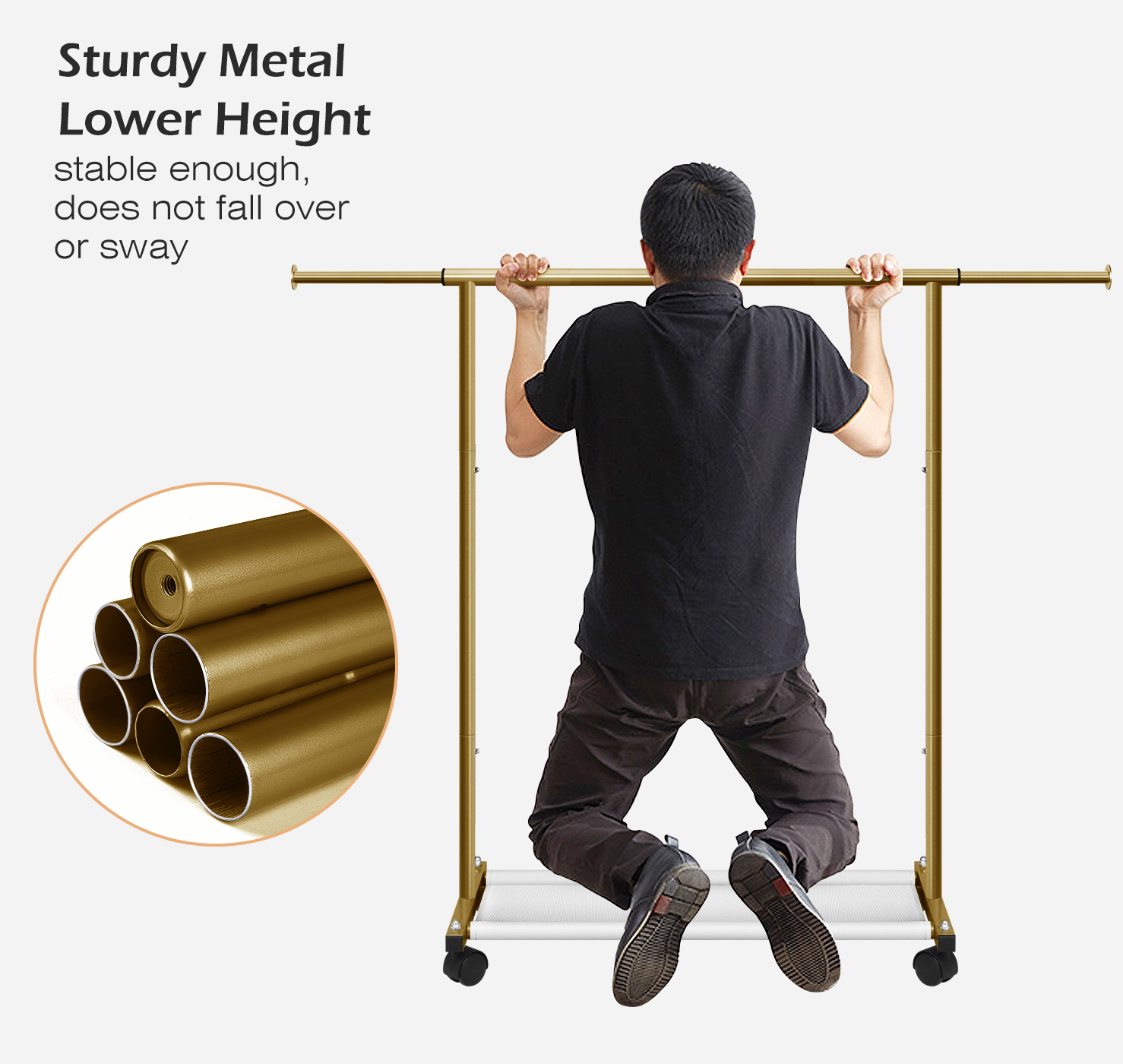 MISSLO Short Clothing Racks for Hanging Clothes with Bottom Shelves and Wheels Heavy Duty Rolling Clothes Rack Kids Clothing Rack for Adult Coat, Closet, Wardrobe (Gold) - Image 6