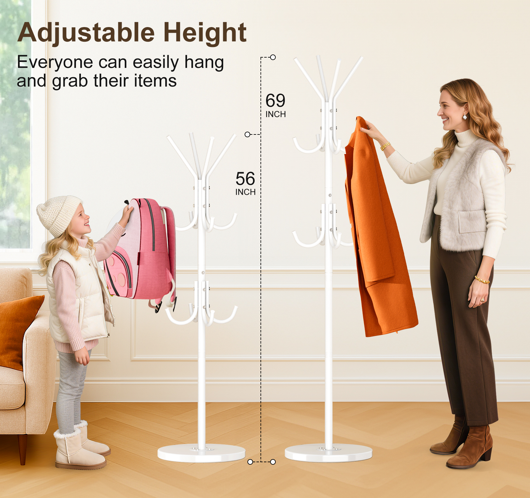 MISSLO Heavy Duty Coat Rack Freestanding with Stable Wood Base Modern Coat Tree with 12 Hooks Adjustable Coats Hanger Stand Stylish Standing Clothes Tree for Entryway Bedroom Corner Hall (White) - Image 5