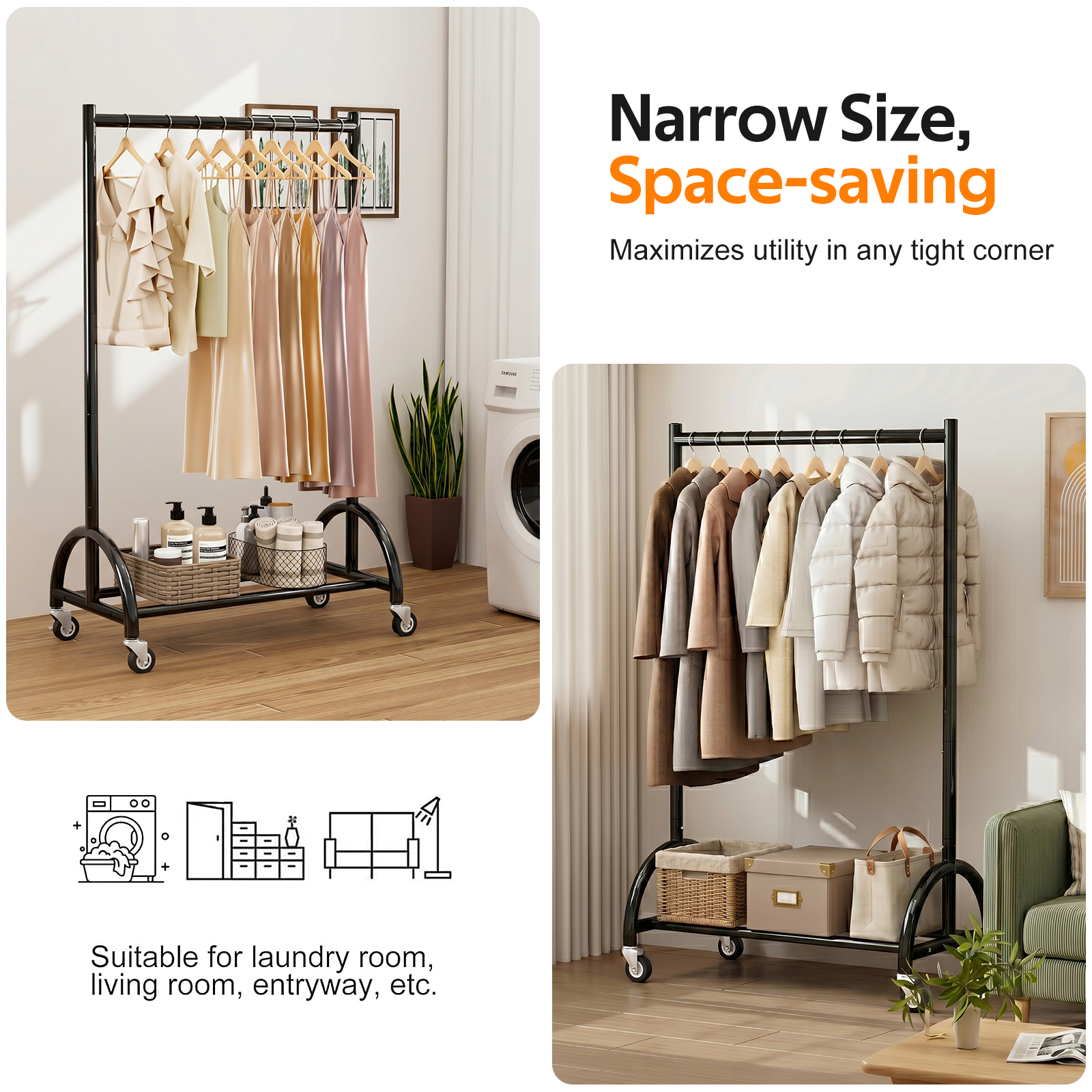 MISSLO Heavy Duty Clothing Rack with Wheels Rolling Clothes Racks for Hanging Clothes, Coats, Garment, Dress, Black, 28" W - Image 6