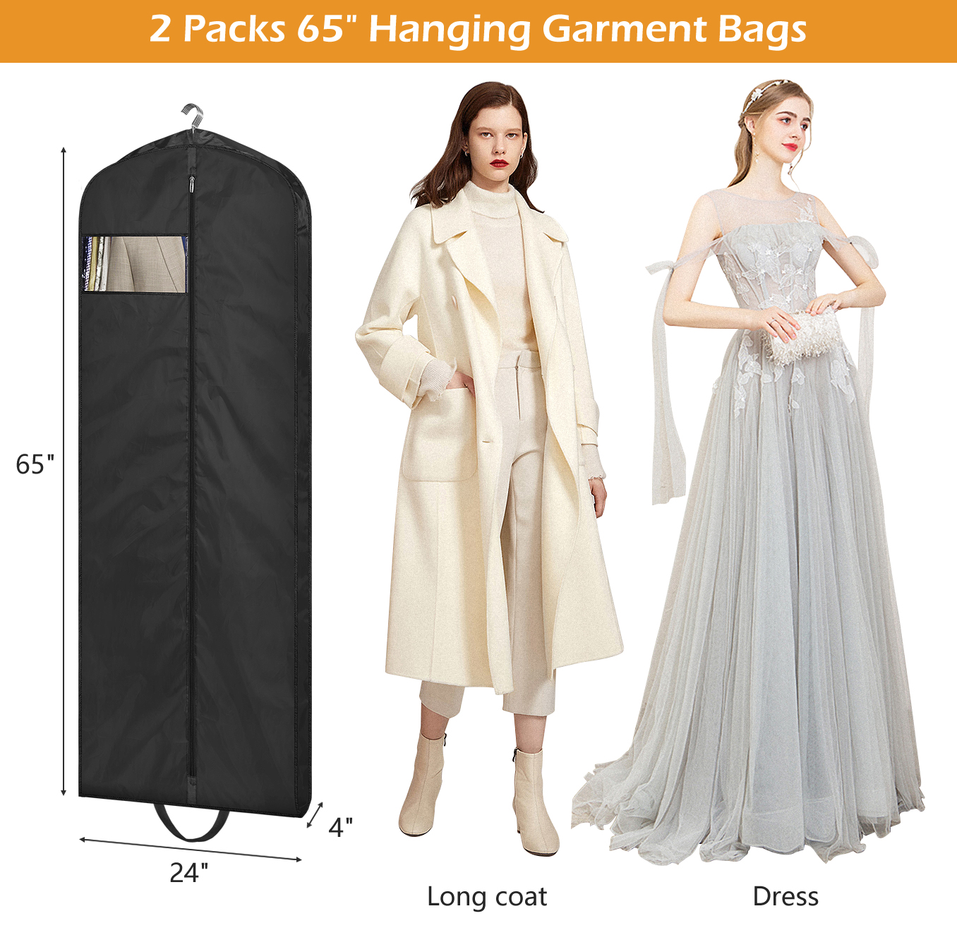 MISSLO 65" Long Garment Bags for Travel Dress Bags for Hanging Clothes Waterproof Wedding Dress Cover Traveling Clothing Protectors for Closet Storage 3-Pack for Gowns, Tuxedos, Coats, Black - Image 5