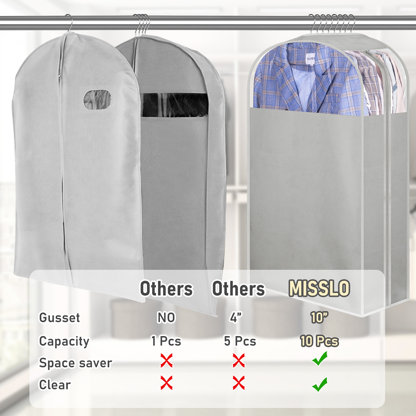 MISSLO 10" Gusseted Garment Bags for Hanging Clothes 32" Suit Bags for Closet Storage Clothing Covers for Shirts, Coats, 3 Packs, Grey - Image 3