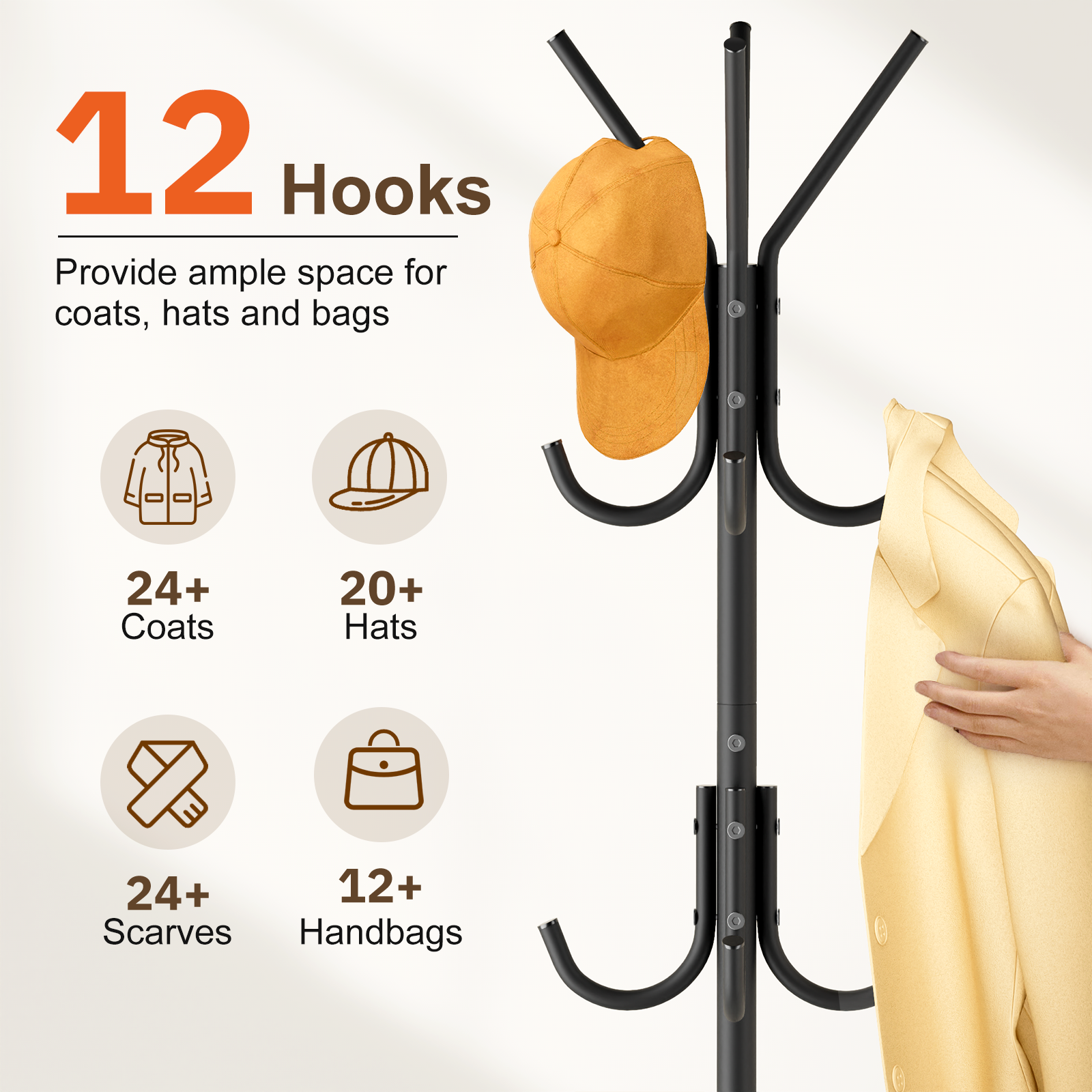 MISSLO Heavy Duty Coat Rack Freestanding with Stable Wood Base Modern Coat Tree with 12 Hooks Adjustable Coats Hanger Stand Stylish Standing Clothes Tree for Entryway Bedroom Corner Hall (Black) - Image 5