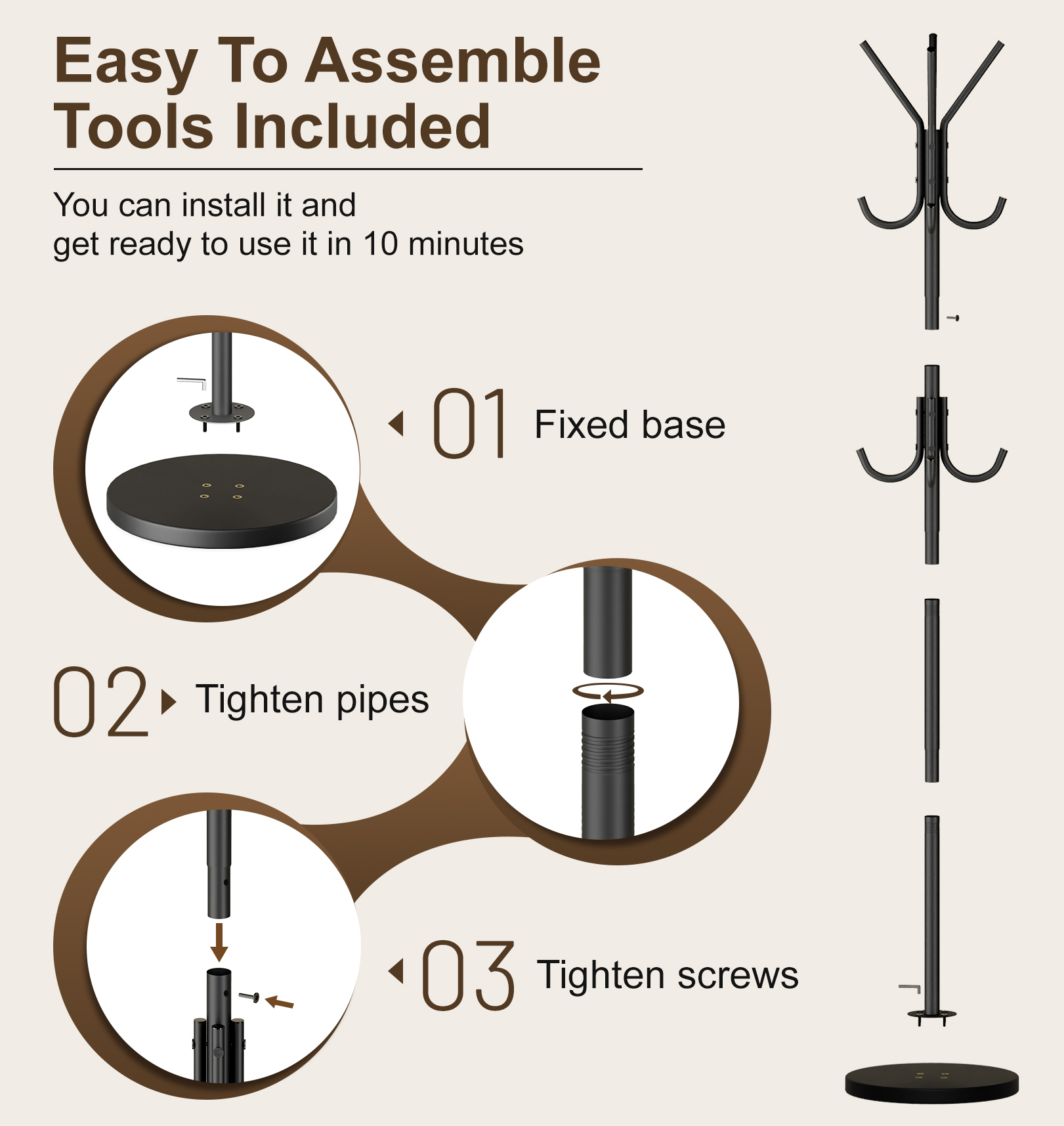 MISSLO Heavy Duty Coat Rack Freestanding with Stable Wood Base Modern Coat Tree with 12 Hooks Adjustable Coats Hanger Stand Stylish Standing Clothes Tree for Entryway Bedroom Corner Hall (Black) - Image 7