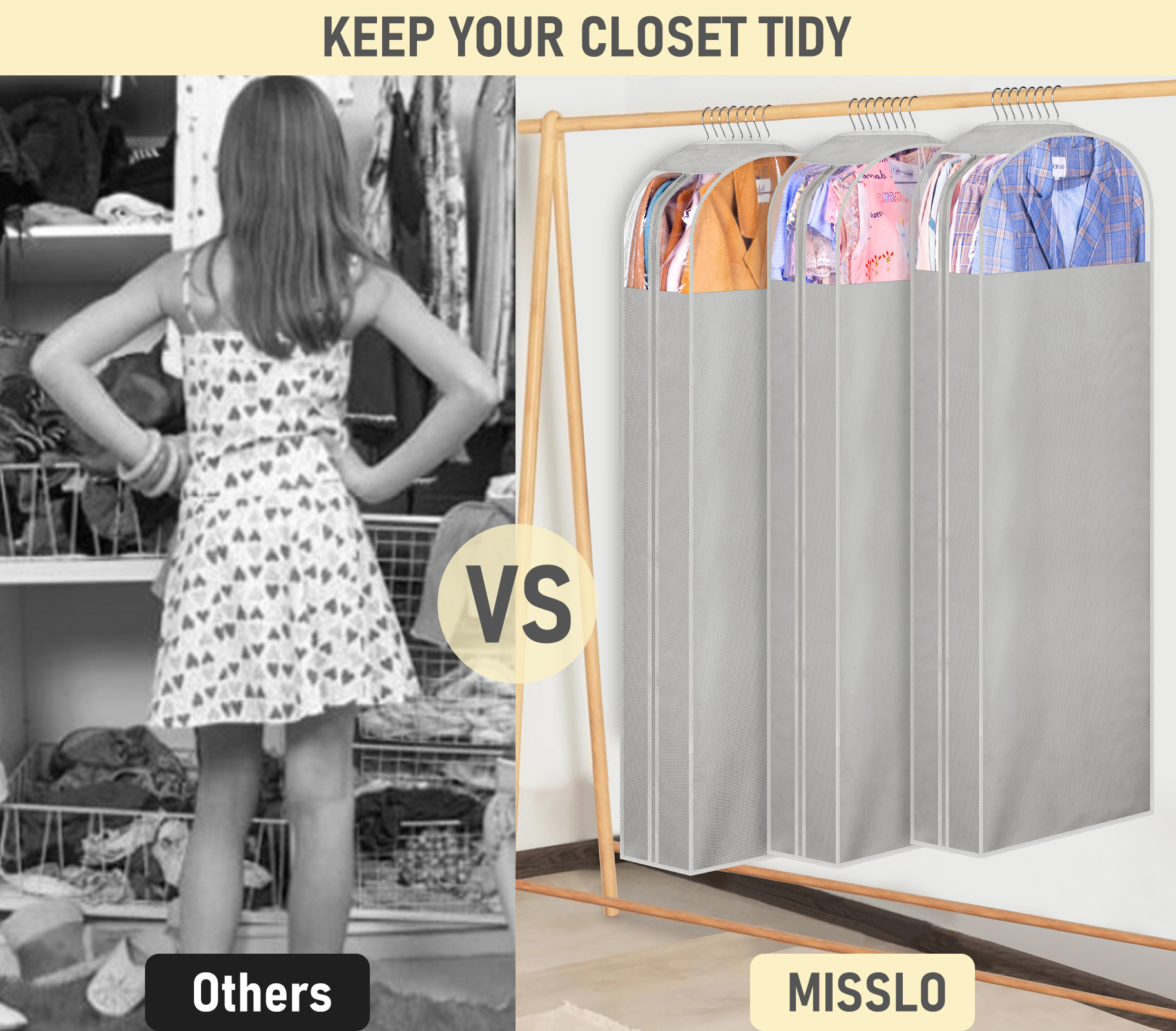 MISSLO 10" Gusseted Garment Bags for Hanging Clothes Storage 60" Dress Bags for Gowns Long Breathable Dress Cover for Closet Storage Coat Protector, 3 Packs, Grey - Image 7