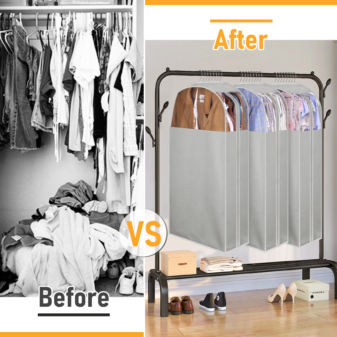 MISSLO 10" Gusseted Garment Bags for Hanging Clothes 40" Clear Suit Bags for Closet Storage Suits Cover Coat Protector, 3 Packs, Grey - Image 7