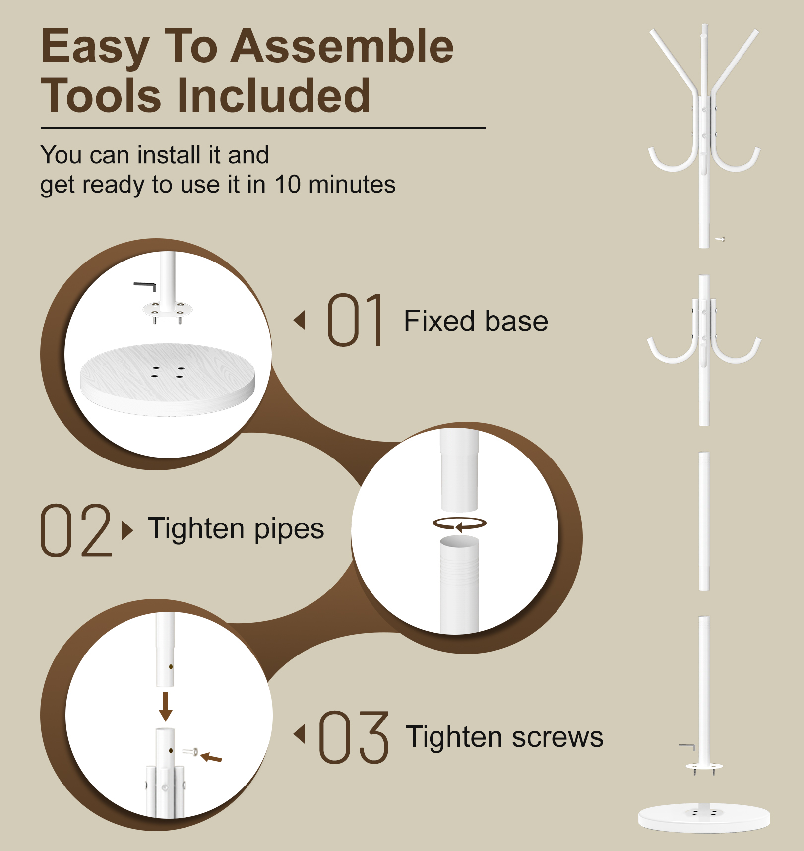 MISSLO Heavy Duty Coat Rack Freestanding with Stable Wood Base Modern Coat Tree with 12 Hooks Adjustable Coats Hanger Stand Stylish Standing Clothes Tree for Entryway Bedroom Corner Hall (White) - Image 7