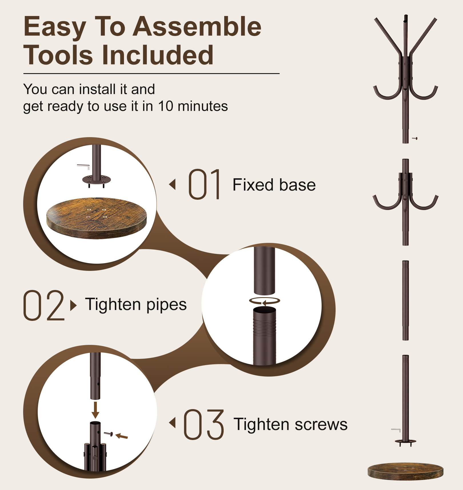 MISSLO Heavy Duty Coat Rack Freestanding with Stable Wood Base Modern Coat Tree with 12 Hooks Adjustable Coats Hanger Stand Stylish Standing Clothes Tree for Entryway Bedroom Corner Hall (Brown) - Image 7