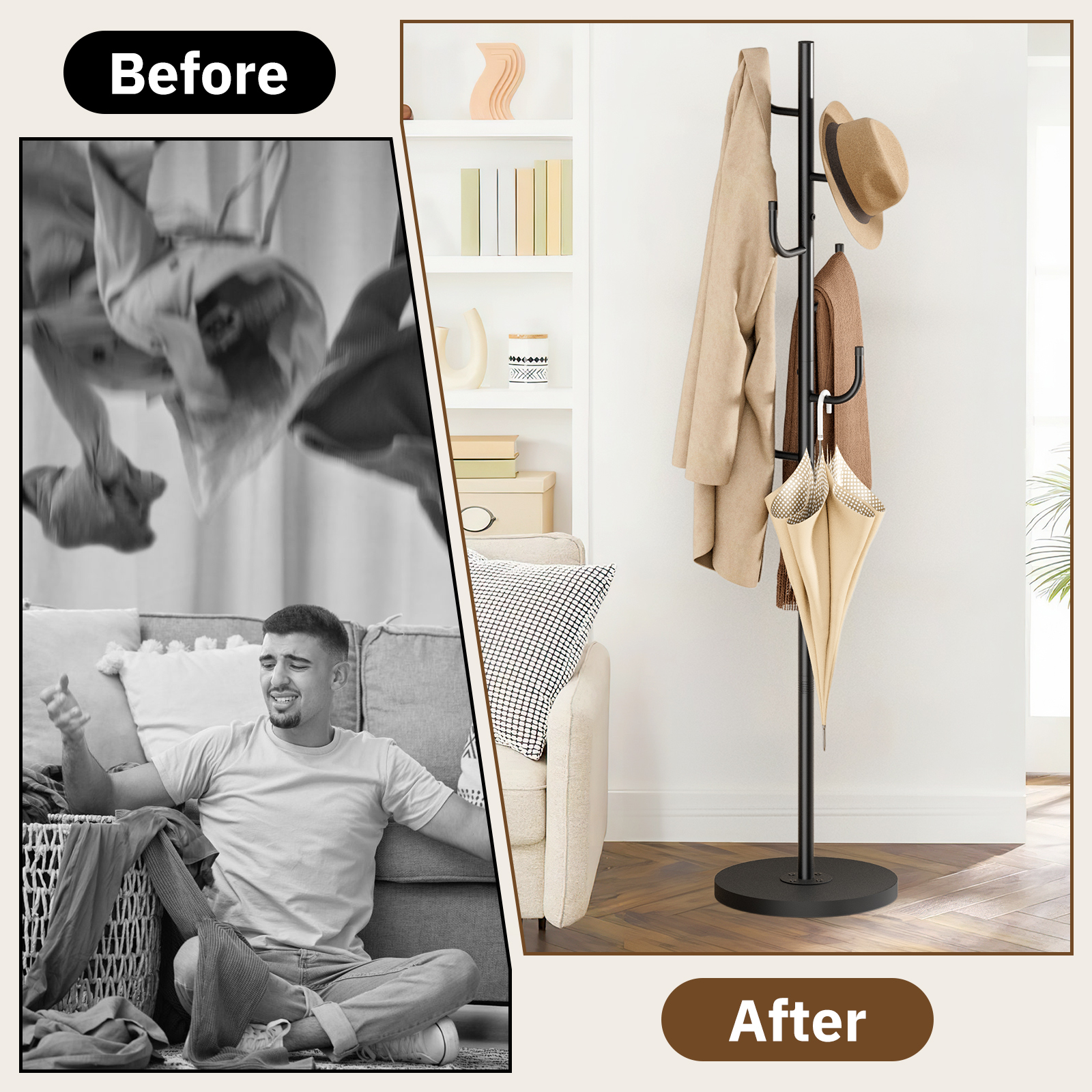 MISSLO Heavy Duty Coat Rack Freestanding with Stable Wood Base Metal Coat Tree Adjustable Coats Hanger Stand with 6 Hooks Clothes Tree for Jackets, Hats, Bags Standing Purse Rack for Bedroom, Office - Image 7