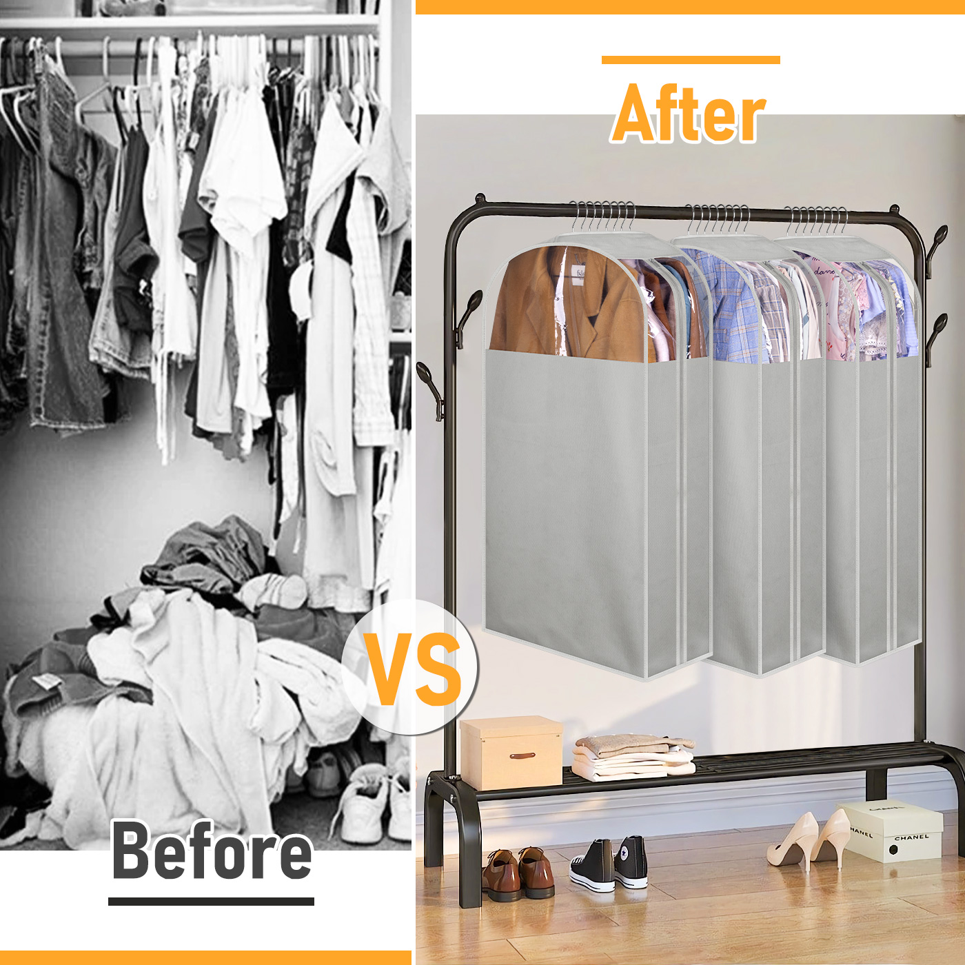 MISSLO 10" Gusseted Garment Bags for Hanging Clothes 32" Suit Bags for Closet Storage Clothing Covers for Shirts, Coats, 3 Packs, Grey - Image 7
