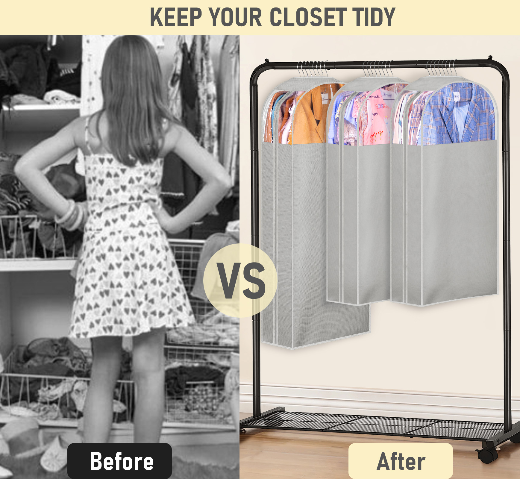 MISSLO 10" Gusseted Garment Bags for Hanging Clothes 40"+50" Clear Suit Bags for Closet Storage Dress Bag for Gowns Long Coat Protector, 3 Packs, Grey - Image 7