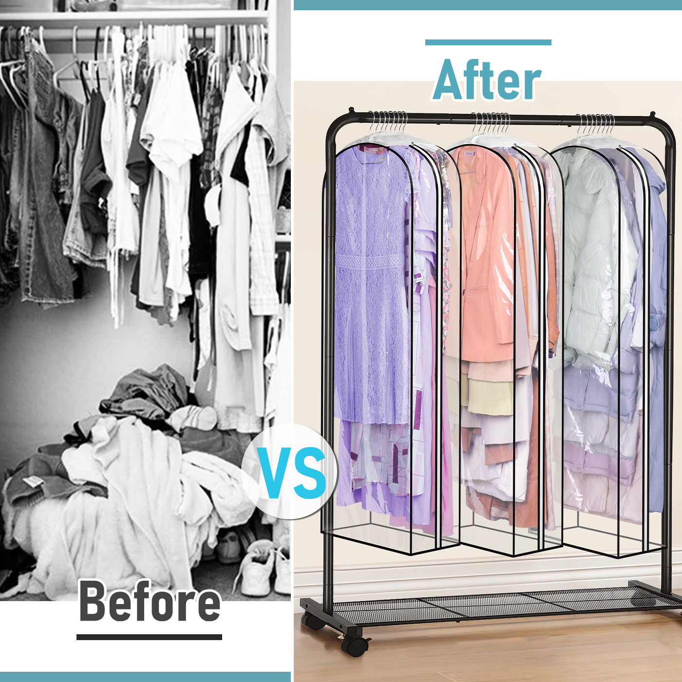 MISSLO 10" Gusseted All Clear Garment Bags for Hanging Clothes 60" Dress Bags for Gowns Long Fur Coat Closet Storage Covers, 3 Packs - Image 3