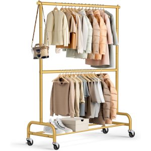 MISSLO Gold Clothing Racks for Hanging Clothes Heavy Duty Clothes Rack Double Garment Rack Metal Rolling Coat Rack Closet Wardrobe Rack on Wheels