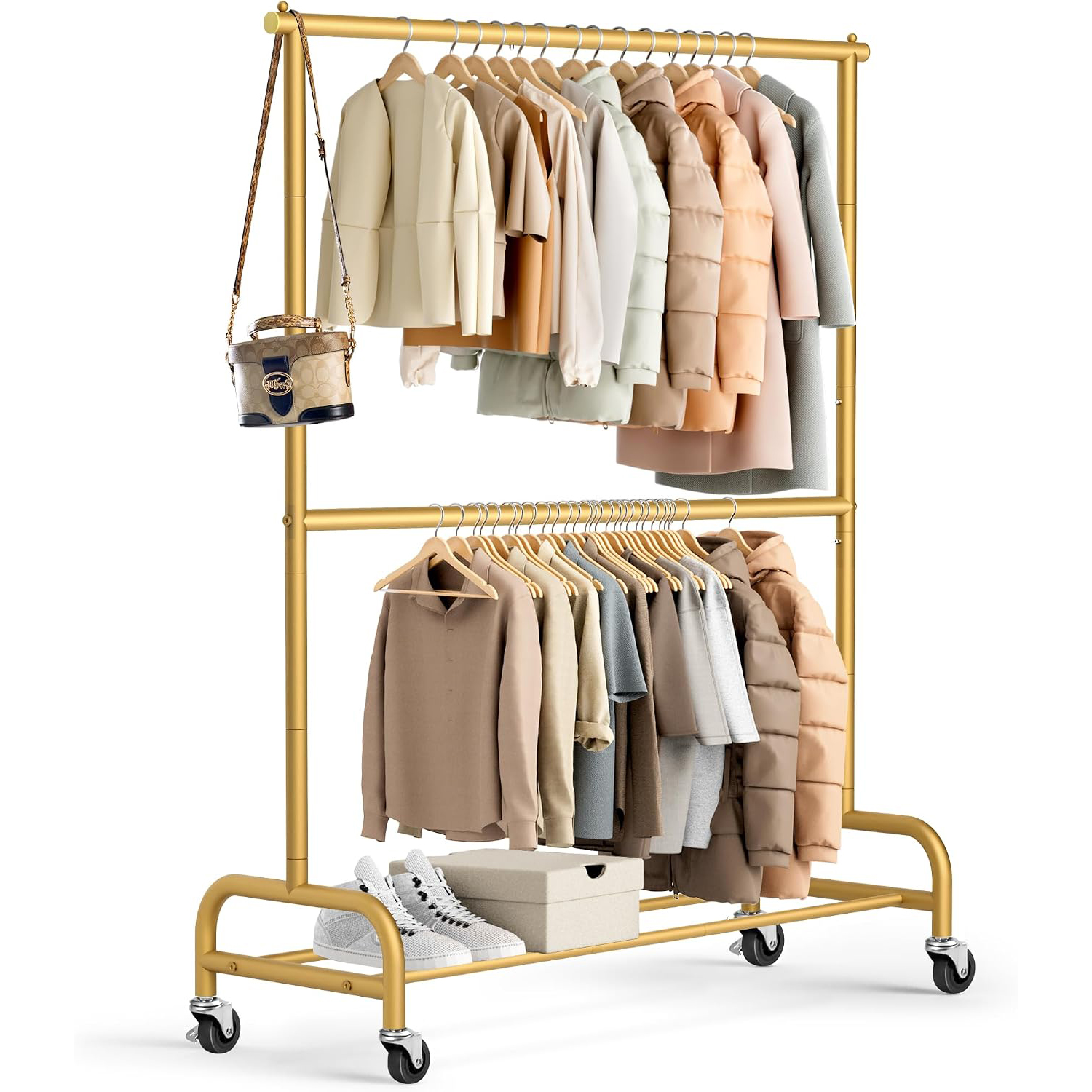 MISSLO Gold Clothing Racks for Hanging Clothes Heavy Duty Clothes Rack Double Garment Rack Metal Rolling Coat Rack Closet Wardrobe Rack on Wheels