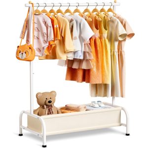 MISSLO Kids Clothing Rack with Basket Small Dress Up Storage Short Toddler Dress Up Rack Kids Closet for Baby Clothes, White