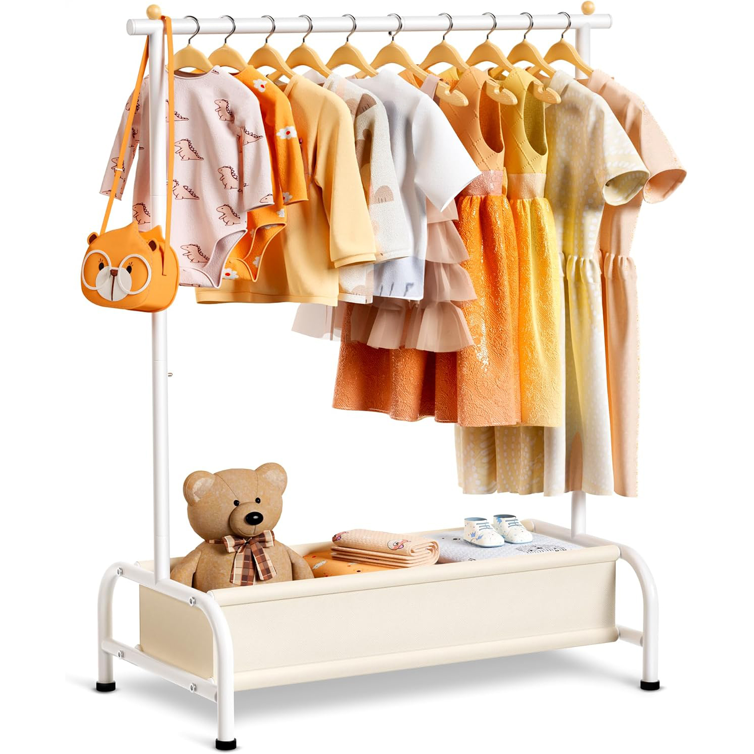 MISSLO Kids Clothing Rack with Basket Small Dress Up Storage Short Toddler Dress Up Rack Kids Closet for Baby Clothes, White