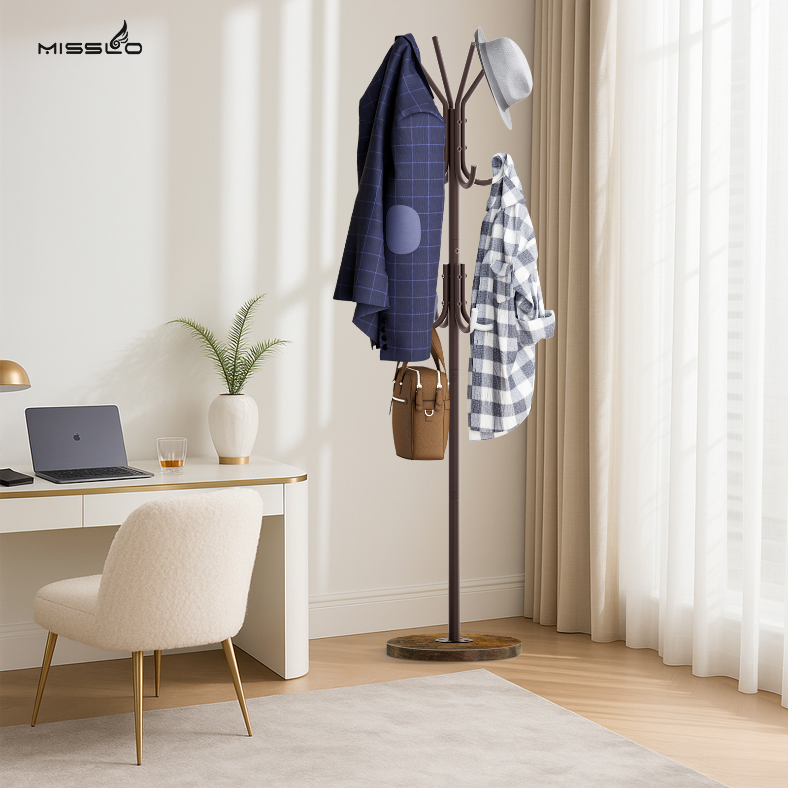 MISSLO Heavy Duty Coat Rack Freestanding with Stable Wood Base Modern Coat Tree with 12 Hooks Adjustable Coats Hanger Stand Stylish Standing Clothes Tree for Entryway Bedroom Corner Hall (Brown) - Image 8