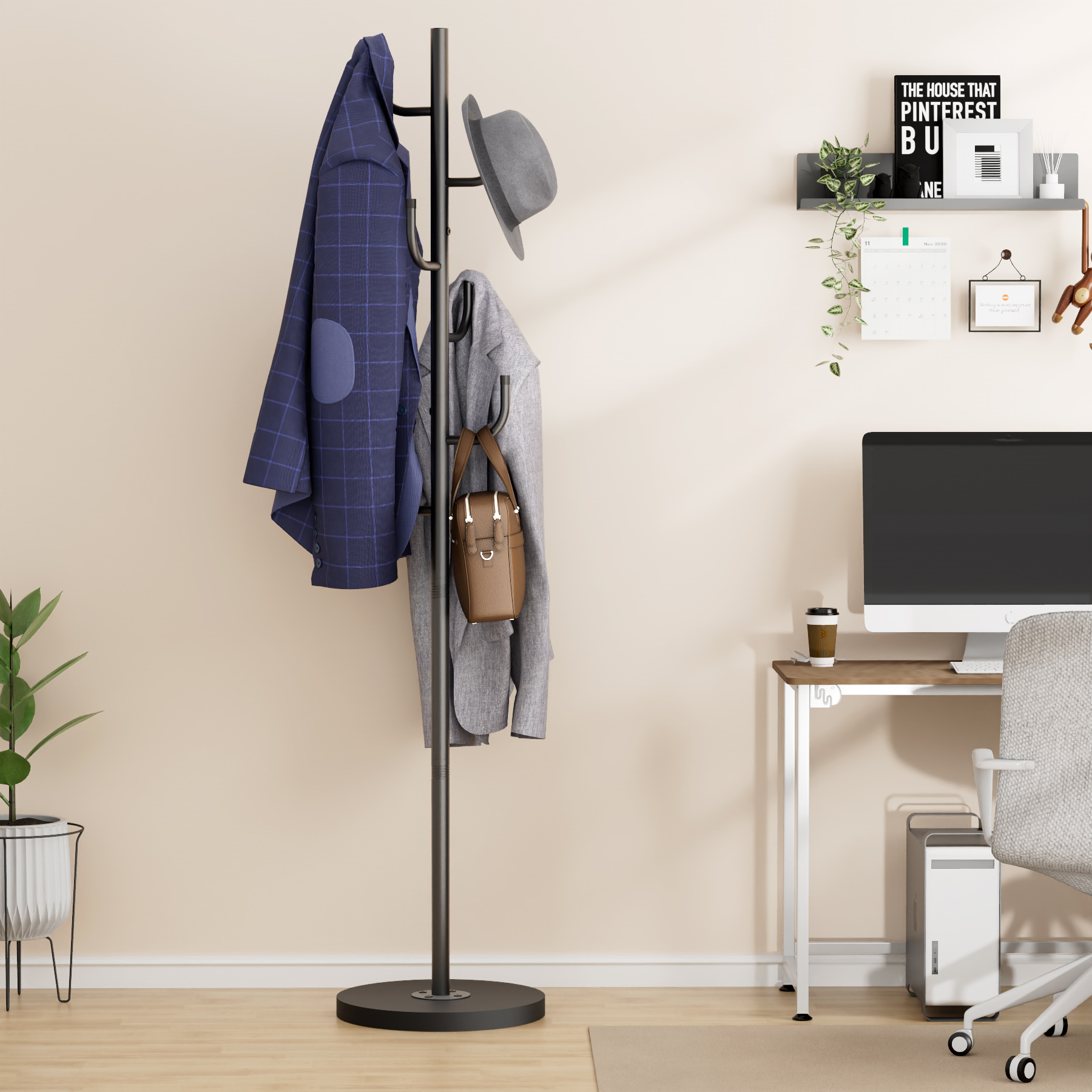 MISSLO Heavy Duty Coat Rack Freestanding with Stable Wood Base Metal Coat Tree Adjustable Coats Hanger Stand with 6 Hooks Clothes Tree for Jackets, Hats, Bags Standing Purse Rack for Bedroom, Office - Image 9