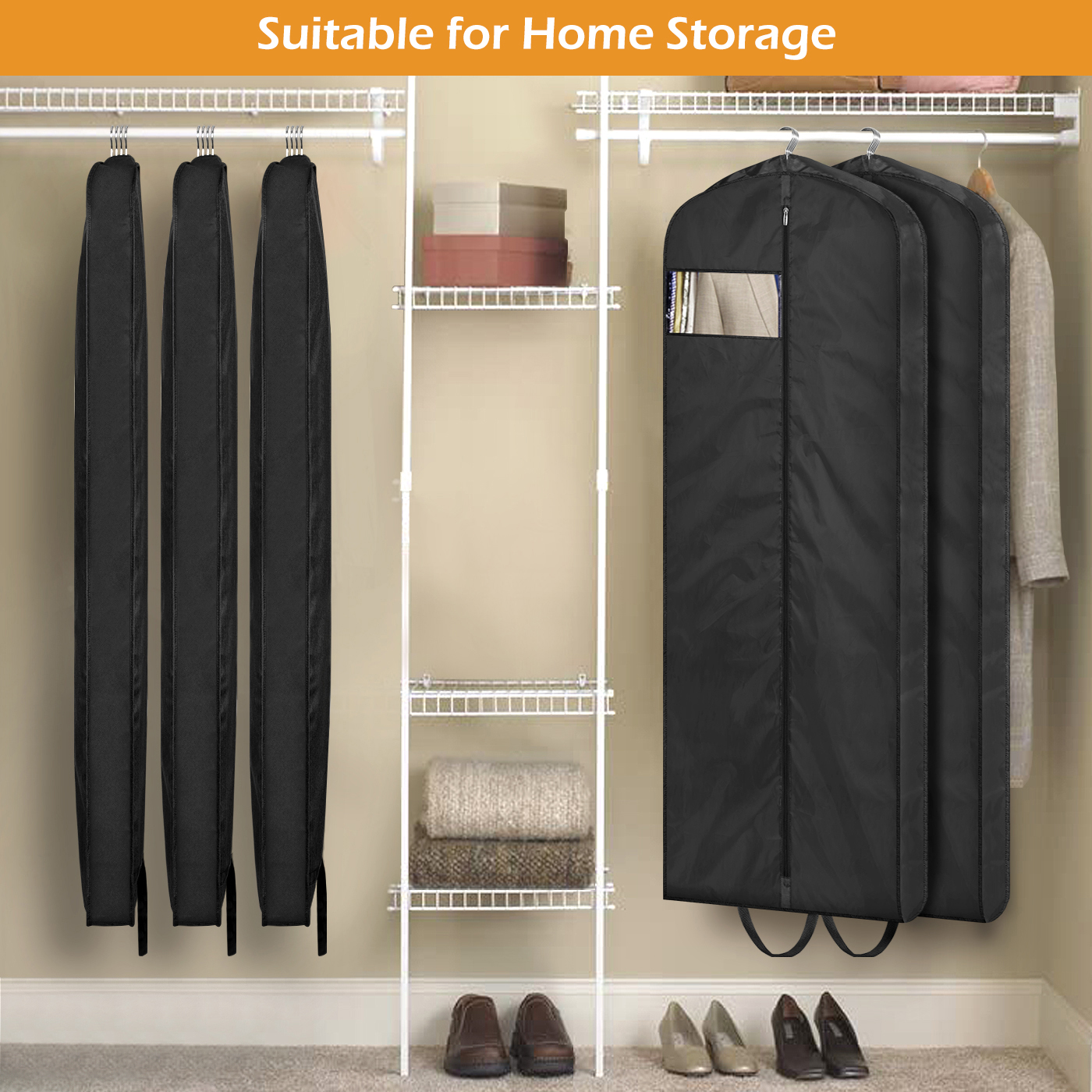 MISSLO 65" Gusseted Hanging Garment Bags for Travel Long Dress Cover Water Resistant Sturdy Fabric Dress Bags for Gowns Long Closet Clothes Protectors, Black - Image 6