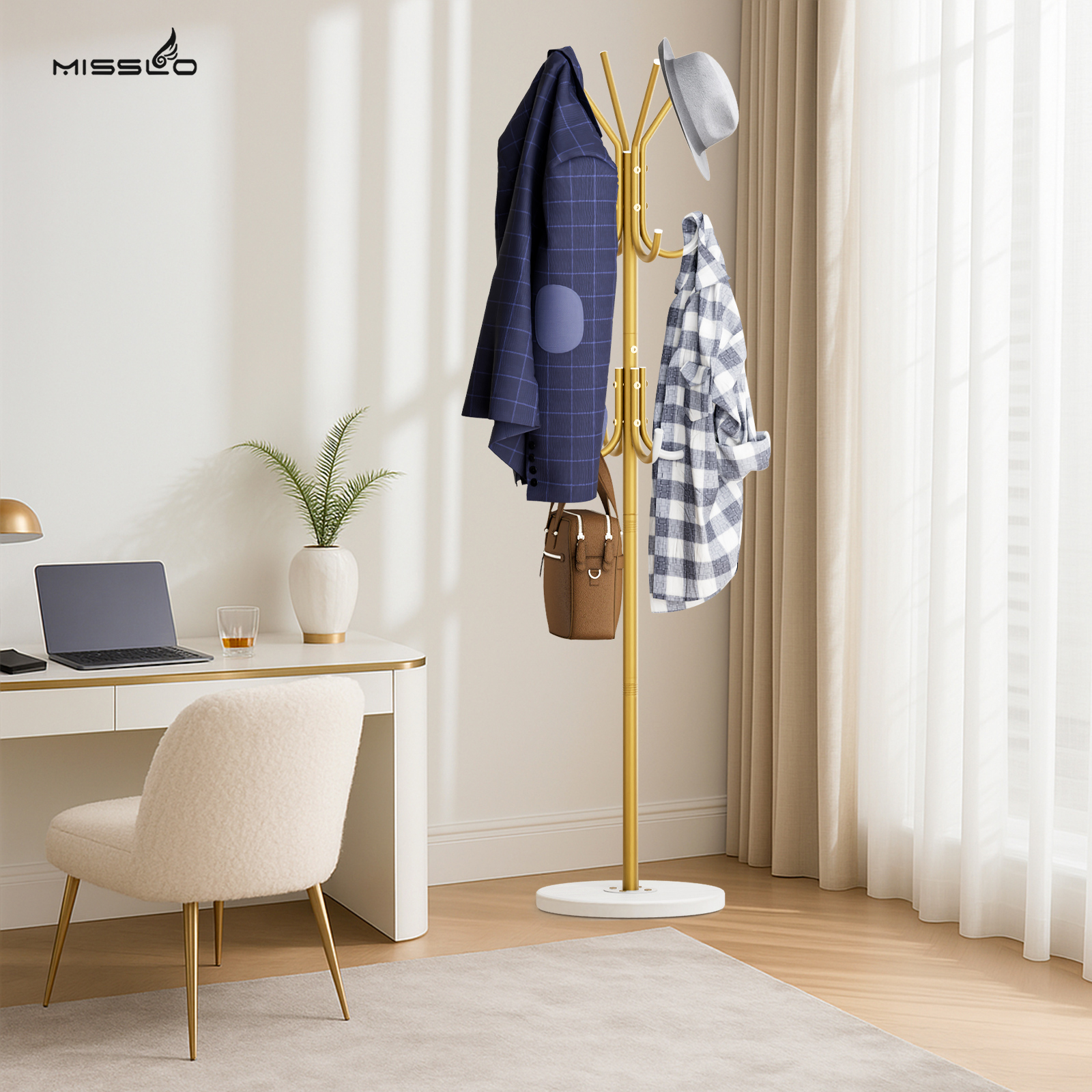 MISSLO Heavy Duty Coat Rack Freestanding with Stable Wood Base Modern Coat Tree with 12 Hooks Adjustable Coats Hanger Stand Stylish Standing Clothes Tree for Entryway Bedroom Corner Hall (Brown) - Image 8