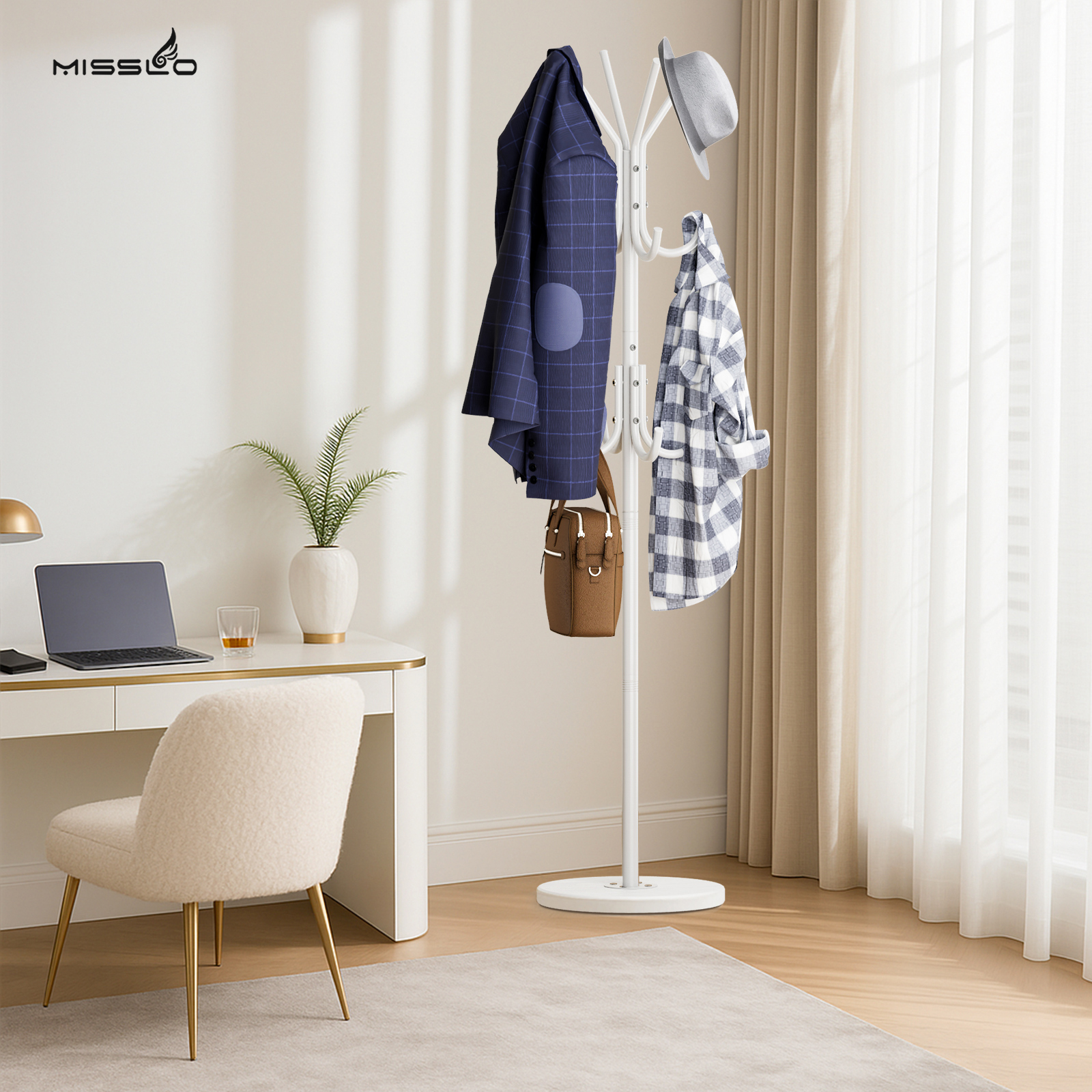 MISSLO Heavy Duty Coat Rack Freestanding with Stable Wood Base Modern Coat Tree with 12 Hooks Adjustable Coats Hanger Stand Stylish Standing Clothes Tree for Entryway Bedroom Corner Hall (White) - Image 8