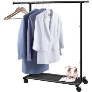 MISSLO Short Clothing Racks for Hanging Clothes with Bottom Shelves and Wheels Heavy Duty Rolling Clothes Rack Kids Clothing Rack for Adult Coat, Closet, Wardrobe (Black)