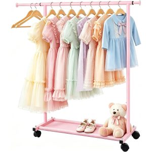 MISSLO Small Garment Racks for Hanging Clothes Rack Mini Kids Clothing Rack Rolling Dress up Storage for Toddler, Baby, Little Girl, Children, Adult(Pink)