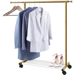 MISSLO Short Clothing Racks for Hanging Clothes with Bottom Shelves and Wheels Heavy Duty Rolling Clothes Rack Kids Clothing Rack for Adult Coat, Closet, Wardrobe (Gold)